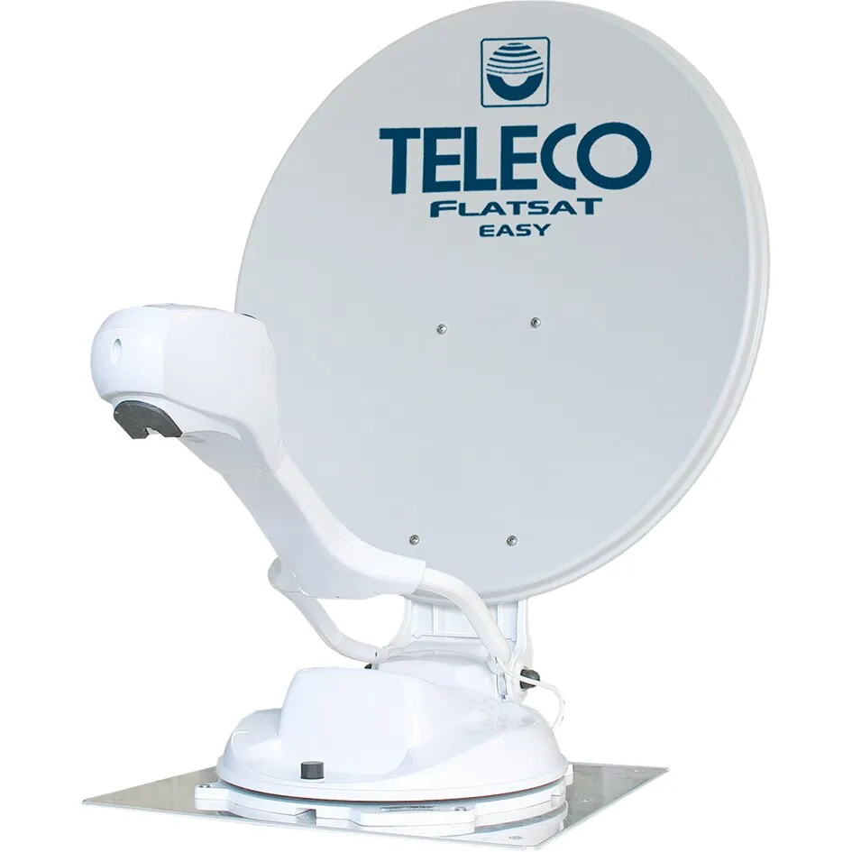 Weiße TELECO FlatSat Easy 90 Satellitenantenne mit rundem Reflektor, Single-LNB und motorisiertem Sockel