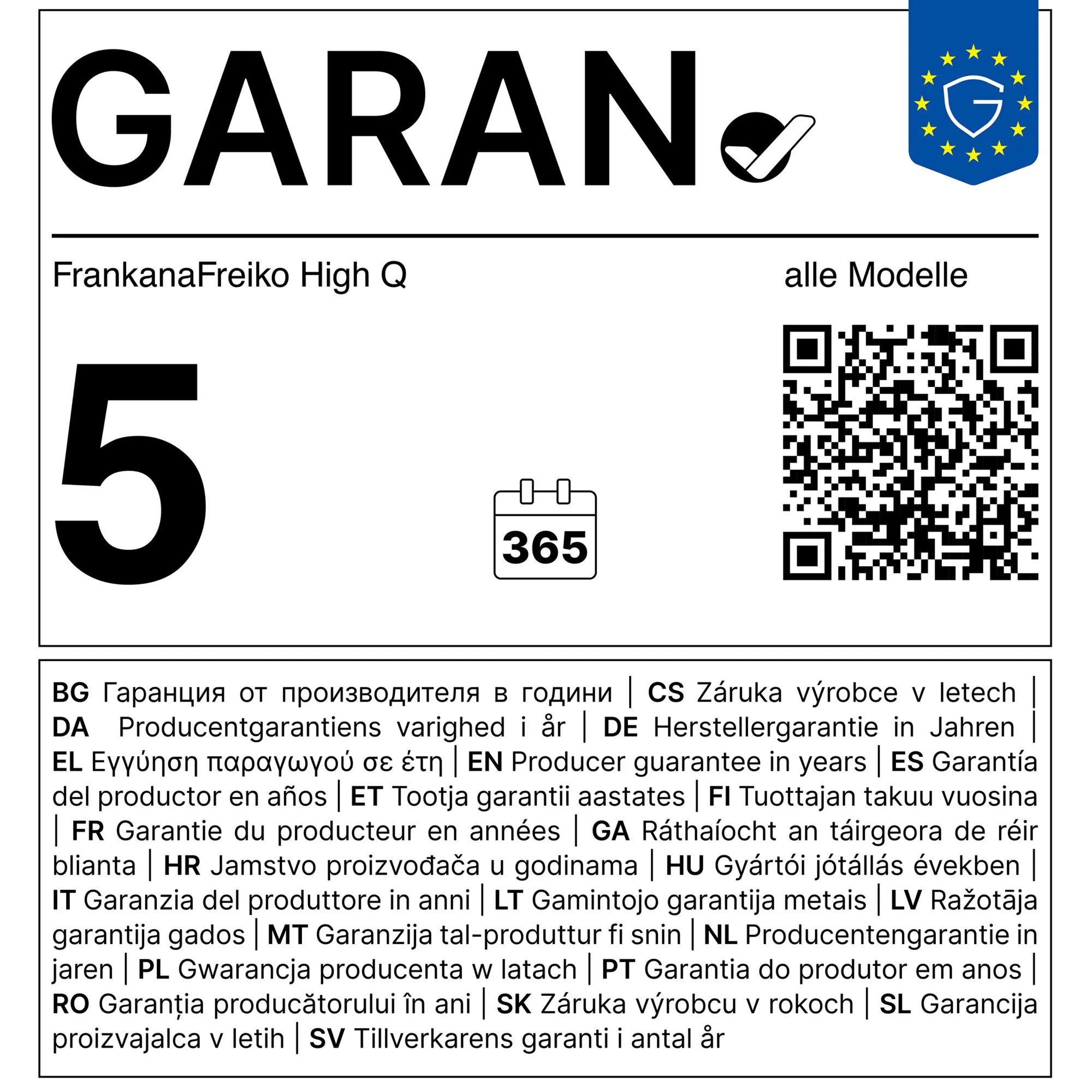 GARAN-Garantiehinweis für den Relaxsessel FrankanaFreiko High Q mit fünf Jahren Herstellergarantie und QR-Code