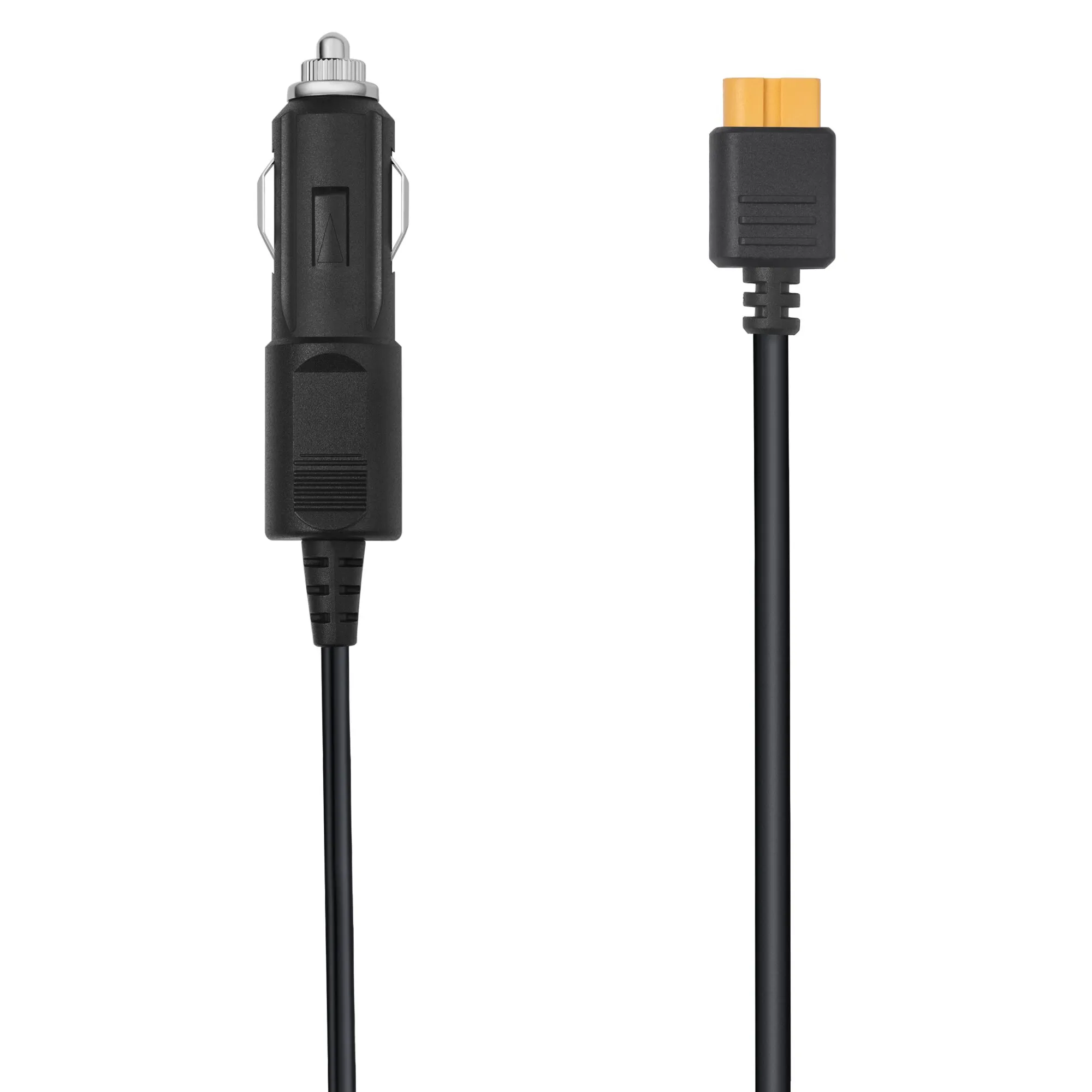 Schwarzes Ladekabel für das Kfz-Bordnetz mit 12-Volt-Zigarettenanzünderstecker und gelbem zweipoligem Anschluss