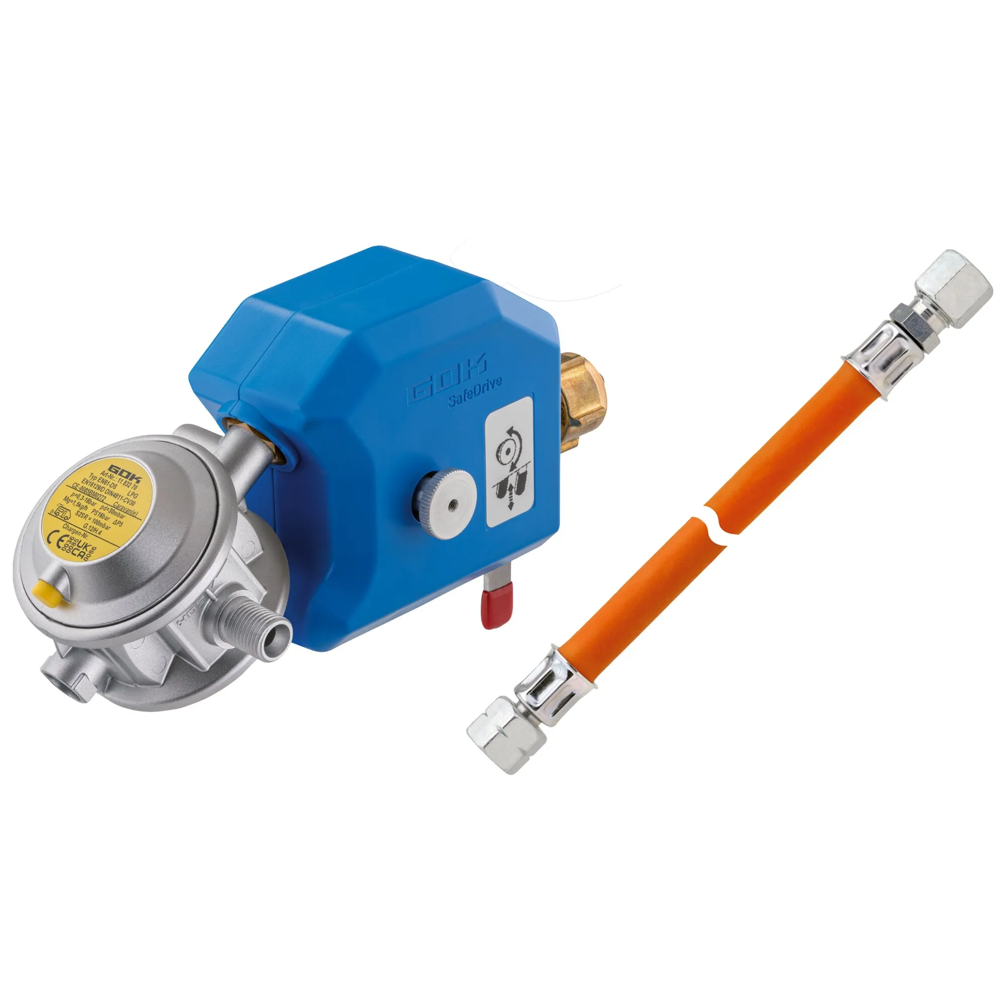Sicherheits-Gasdruck-Regelanlage GOK Caramatic SafeDrive in Blau mit silbernem Druckregler und orangefarbenem Gasschlauch, 50 mbar