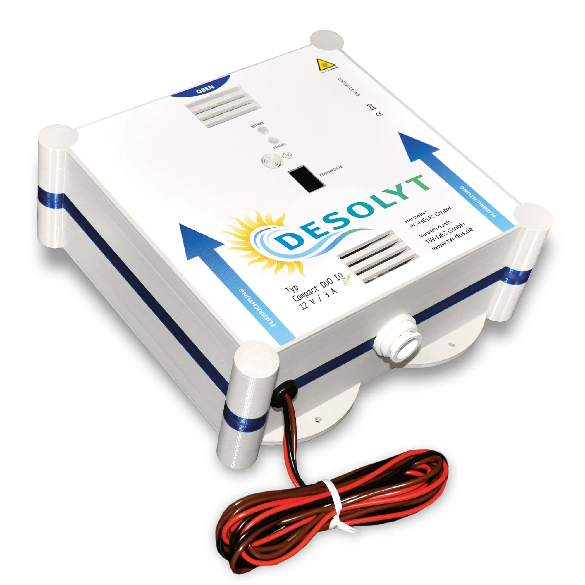 Desolyt Compact DUO IQ Sense Wasserdesinfektionsgerät mit weißem Gehäuse, Anzeigen, Lüftungsschlitzen und Anschlusskabeln