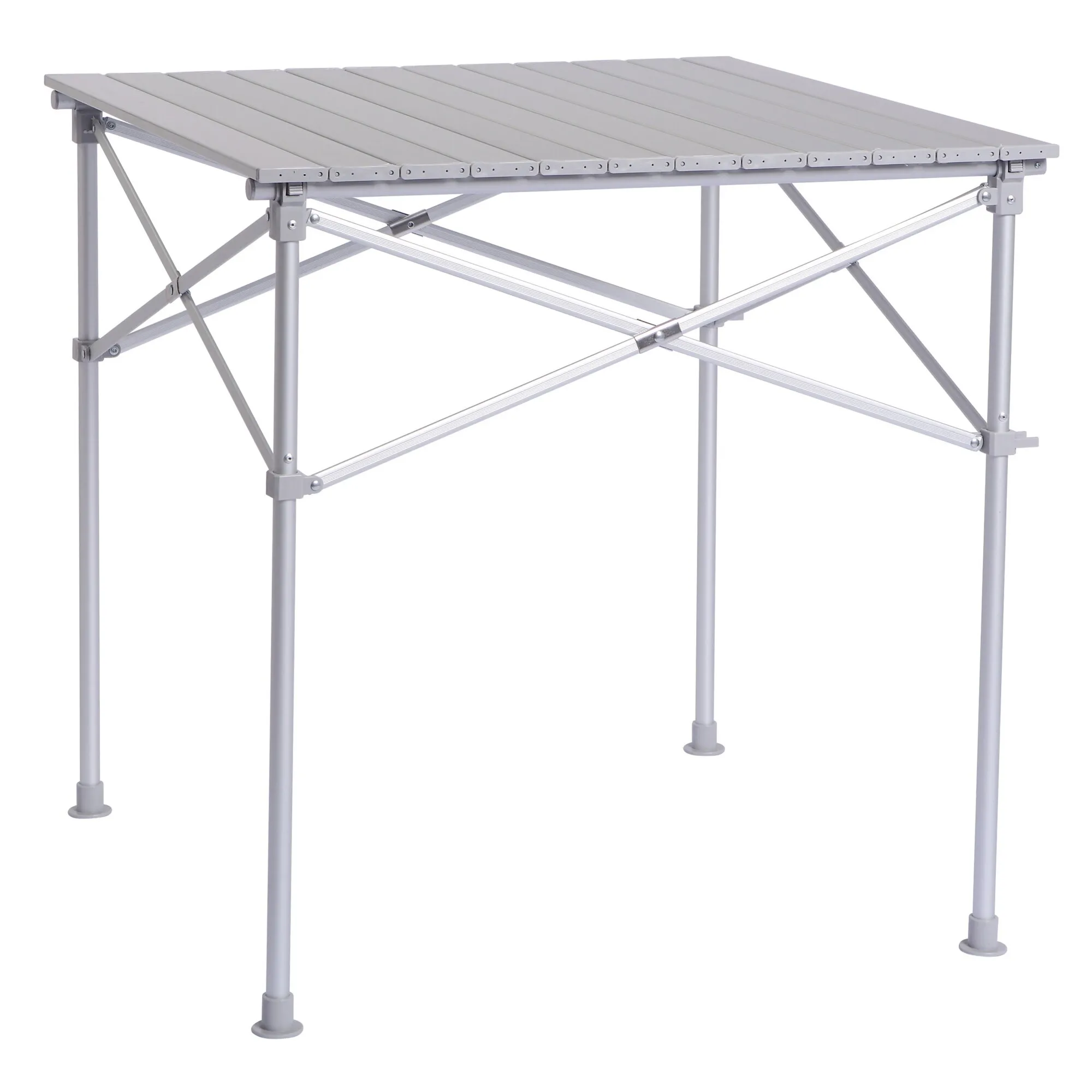 Rolltisch FF aus hellgrauen Aluminiumlamellen mit vier Standbeinen und klappbarem Kreuzgestell