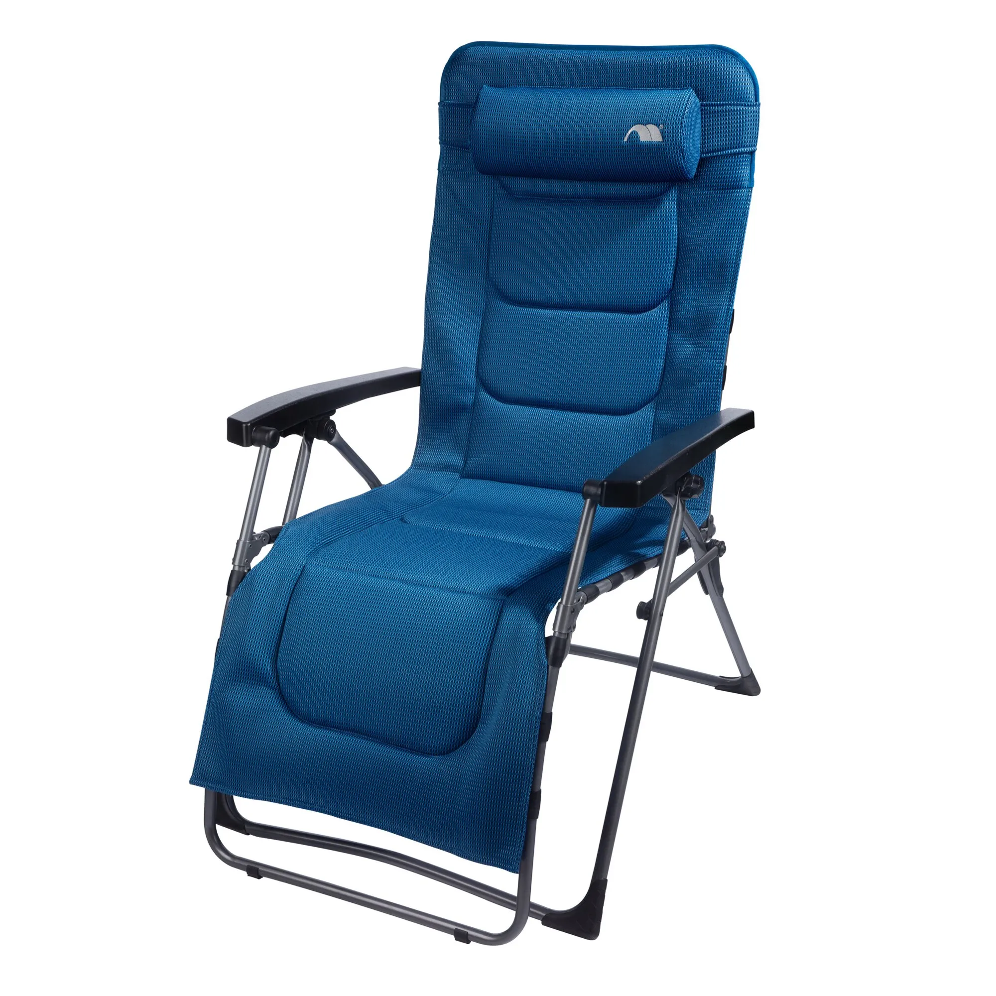 Blauer Relaxsessel HighQ mit gepolsterter Kopfstütze, verstellbarer Rückenlehne, Armlehnen und schwarzem Klappgestell