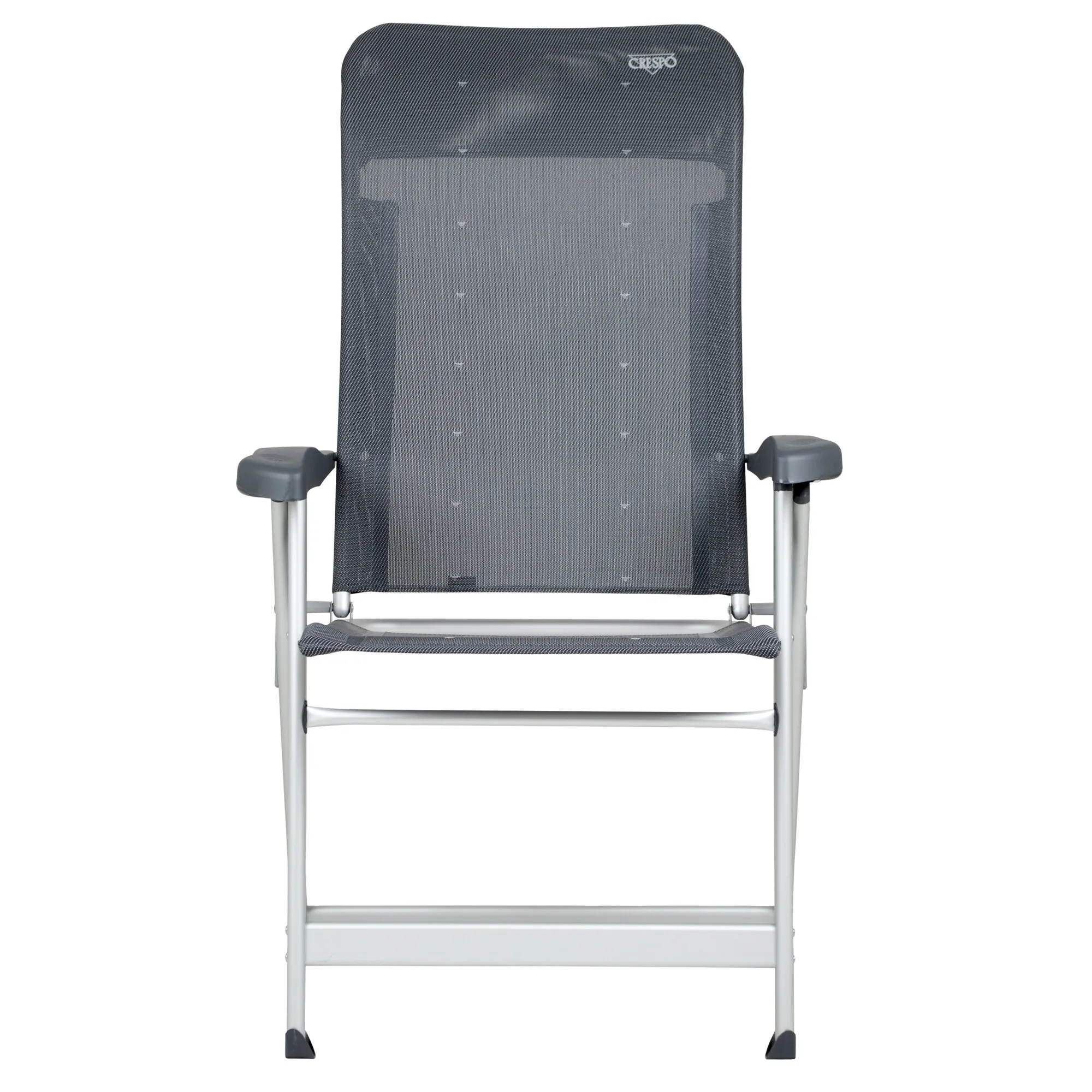 Campingstuhl AL/237 Classic mit dunkelgrauem Textilgewebe, silbernem Aluminiumrahmen und gepolsterten Armlehnen in Frontalansicht