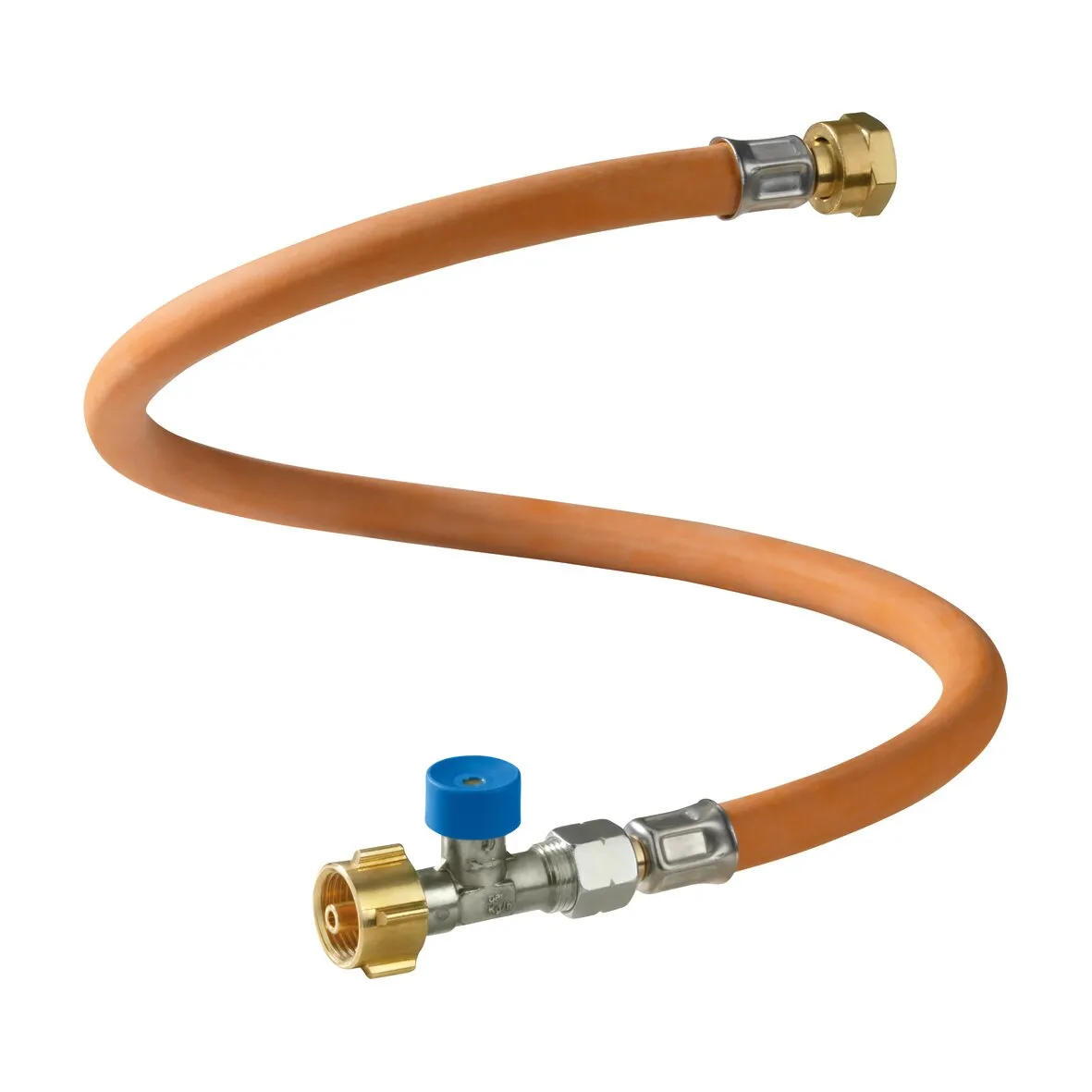 Horizontale Caramatic DriveOne Sicherheits-Gasdruck-Regelanlage mit langem orangefarbenem Gasschlauch, Anschlüssen und blauem Absperrventil