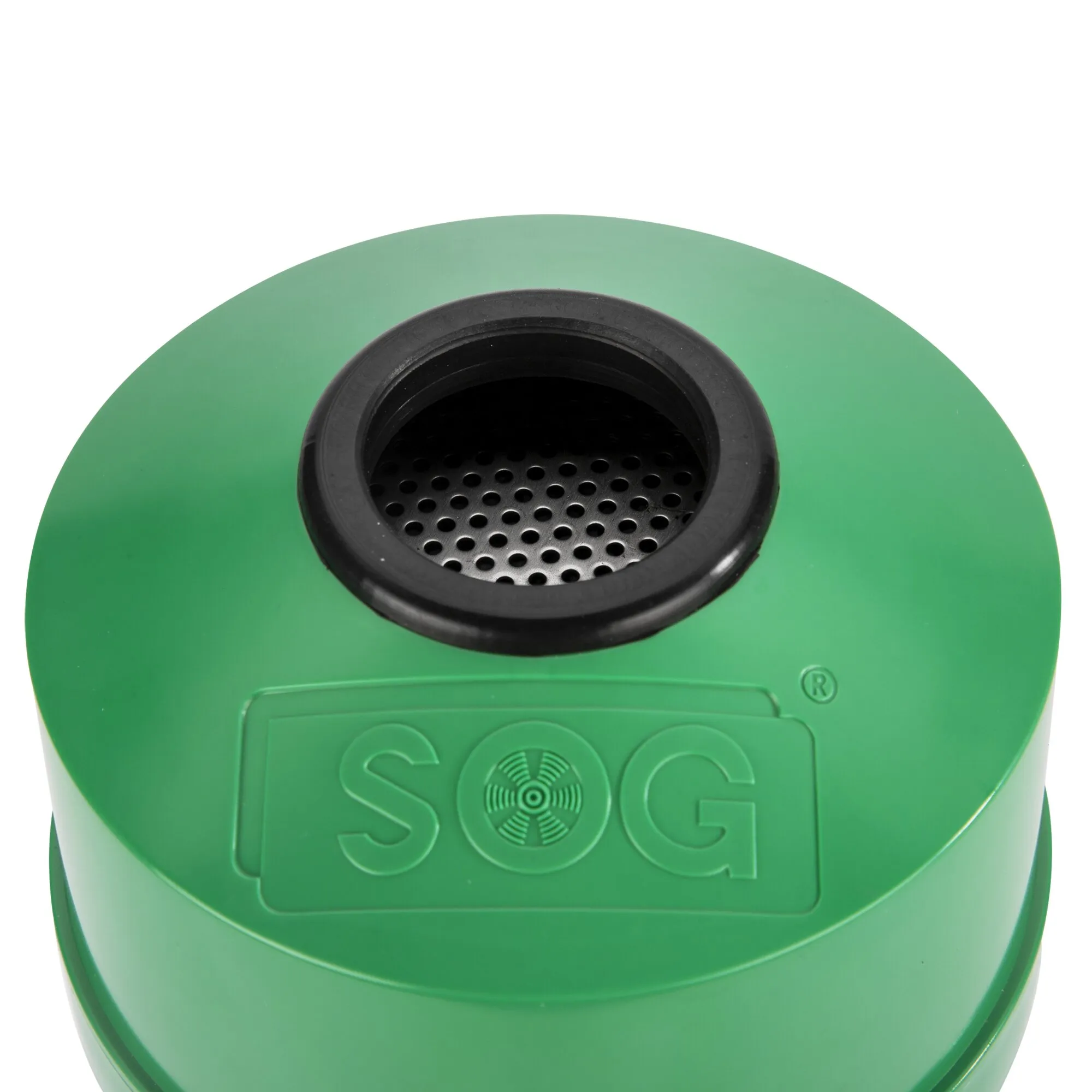 Grüne Ersatzfilterpatrone für SOG® II Bodenvariante mit schwarzem Anschlussring und perforierter Filteröffnung in der Detailansicht