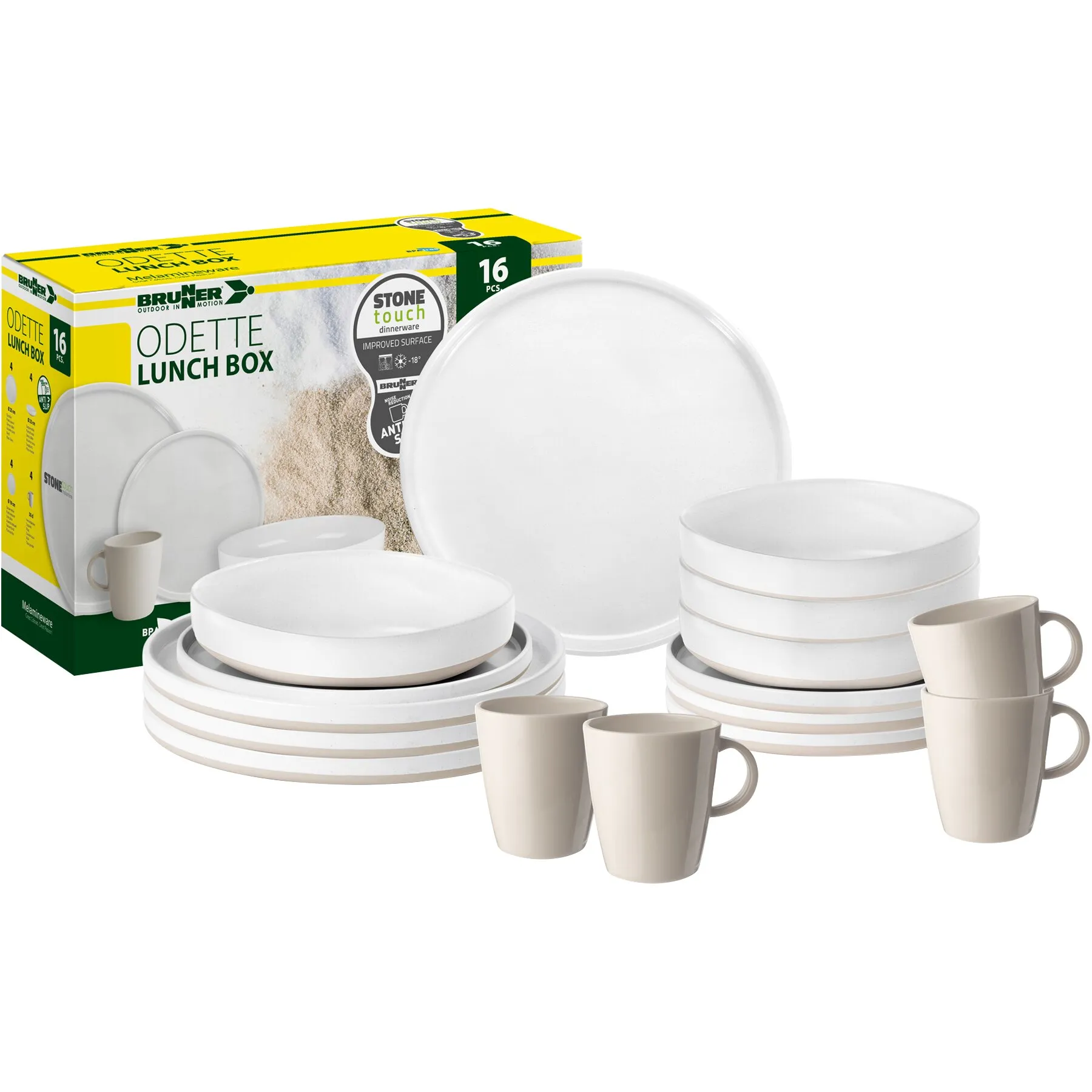 Weißes Geschirrset Odette Lunch Box von Brunner mit Tellern, Schalen und vier Tassen vor der Verpackung 恒一