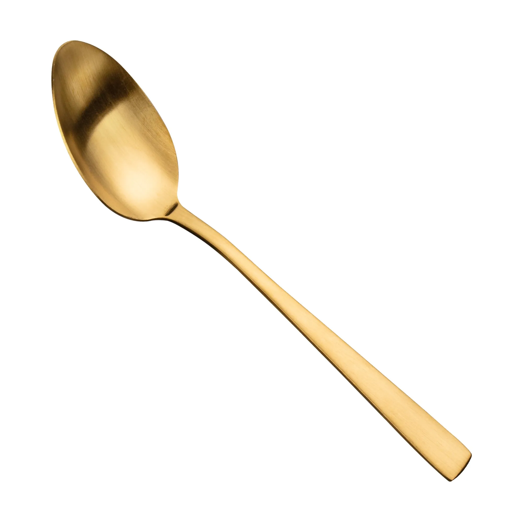 Goldener Edelstahllöffel mit ovaler Laffe und langem, schlichtem Stiel auf weißem Hintergrund