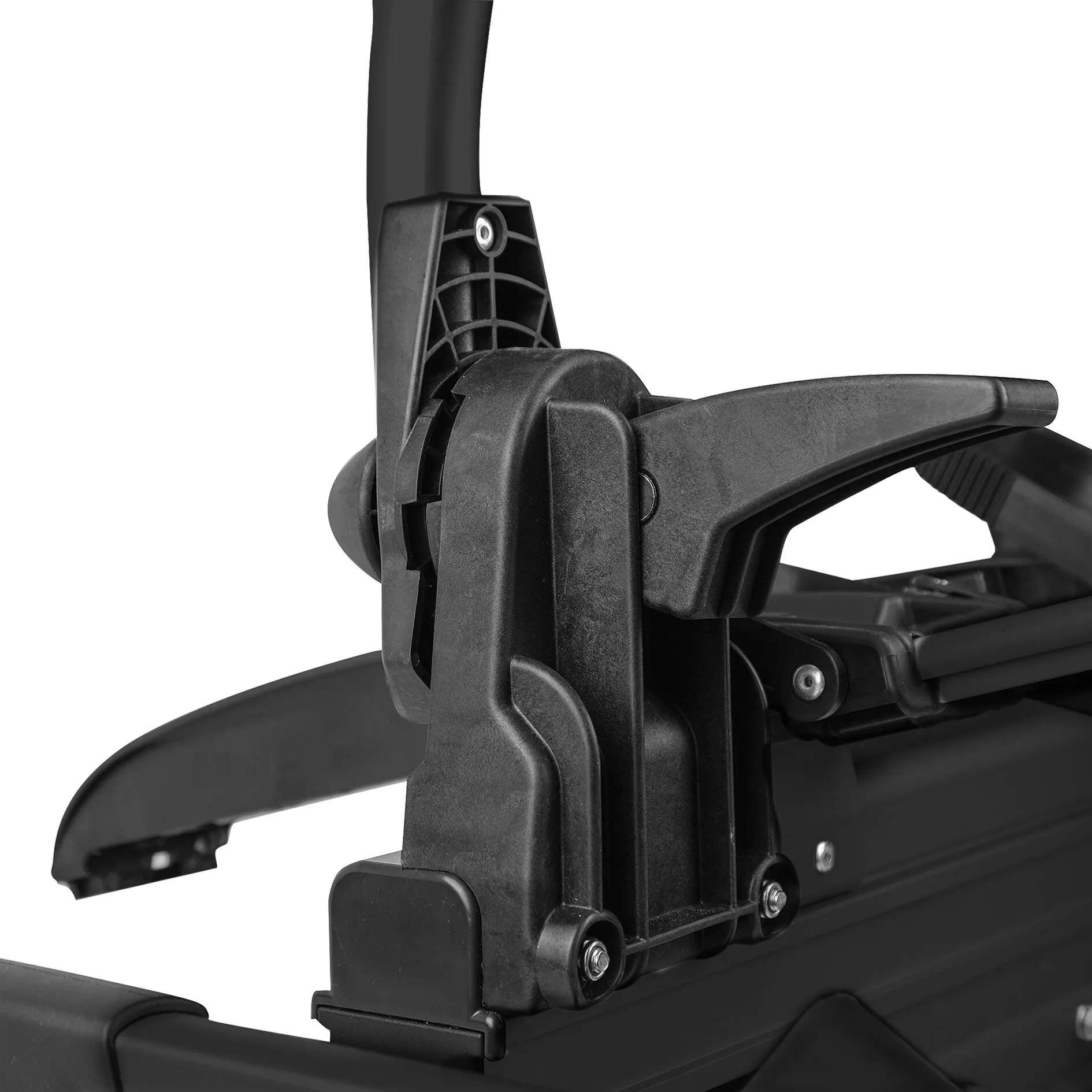 Detailaufnahme des schwarzen Fahrradträgers SD260 für die Anhängerkupplung mit Haltebügel, Schienen und Befestigungsschrauben