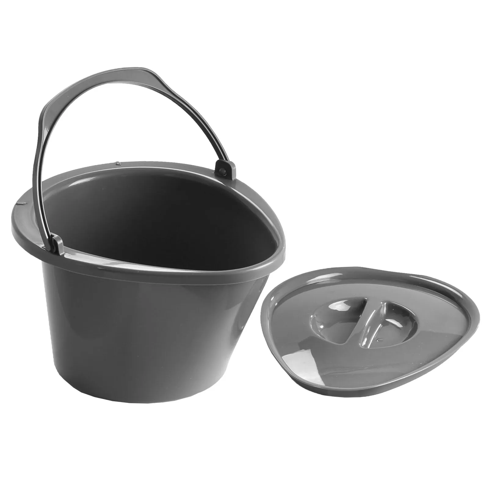 Graue Eimertoilette Optiloo mit 40 cm Höhe, offenem Eimer, hochgeklapptem Tragegriff und separatem Toilettensitz mit Deckel