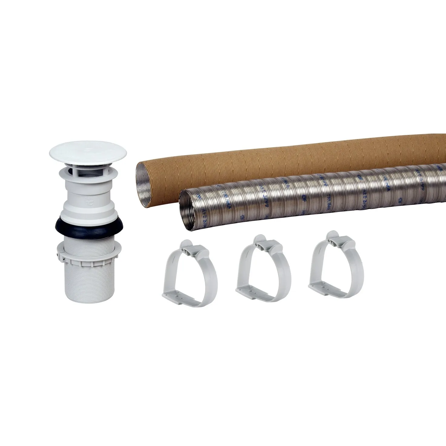 Dachkaminset AKL 5 für S 5002/S 5004 mit weißem Dachkamin, zwei flexiblen Rohren und drei Befestigungsschellen