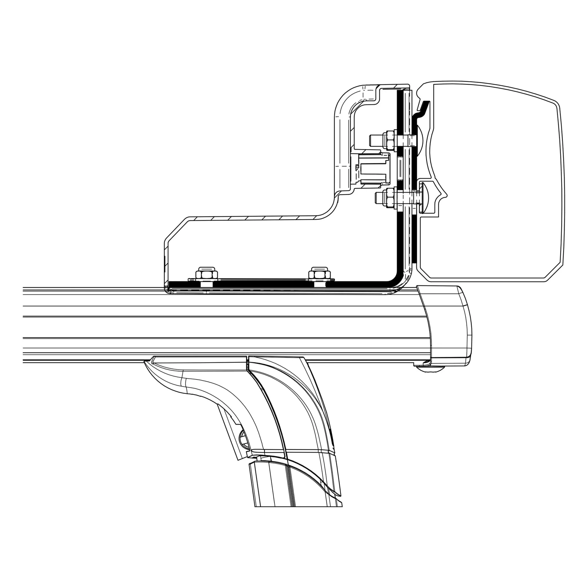 Technische Seitenansicht des Adapters für Thule 3200, verschraubt an einer Dachträger-Schiene mit Klemmhalterung