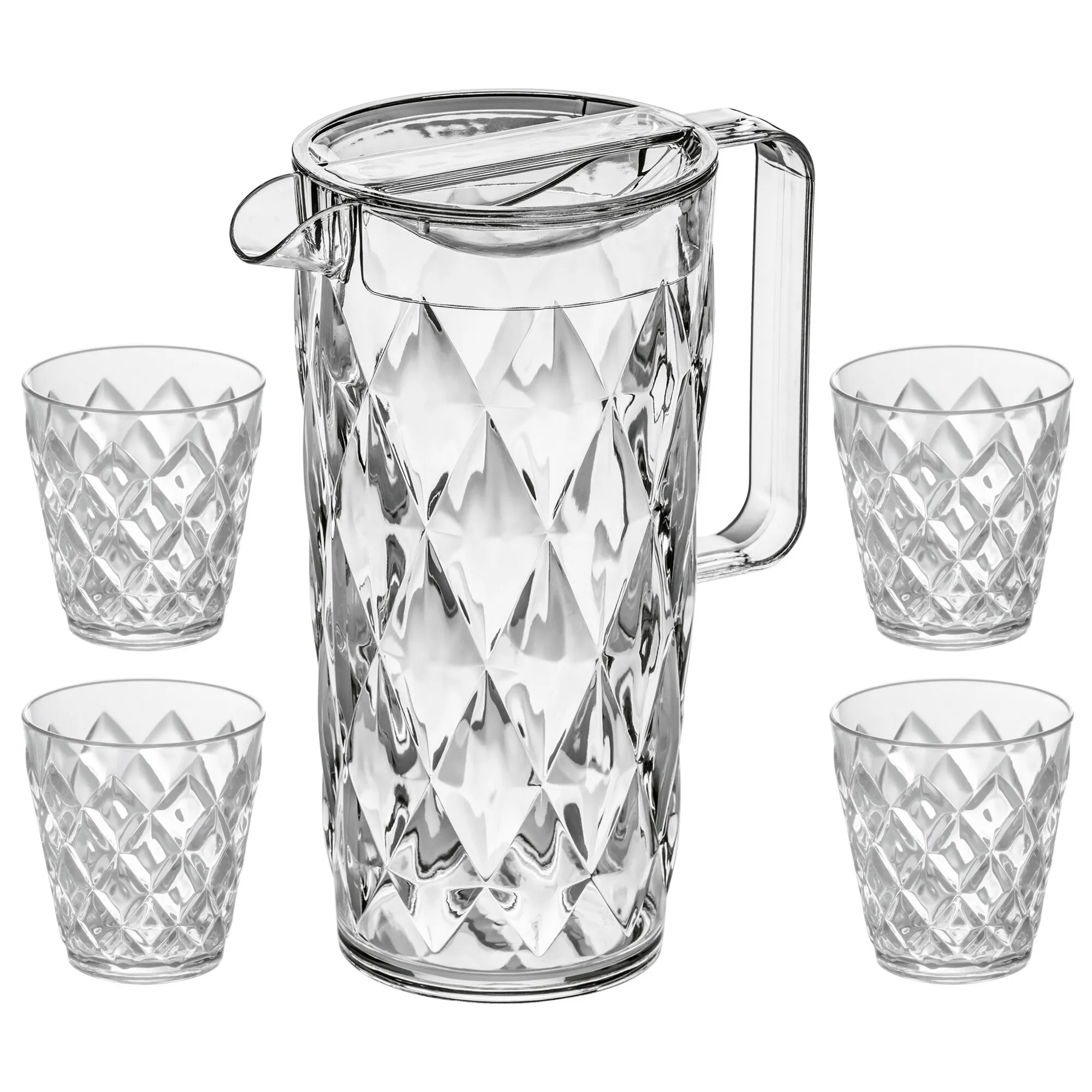 Transparente Glaskanne CRYSTAL mit Deckel und Ausgießer, umgeben von vier strukturierten Trinkgläsern