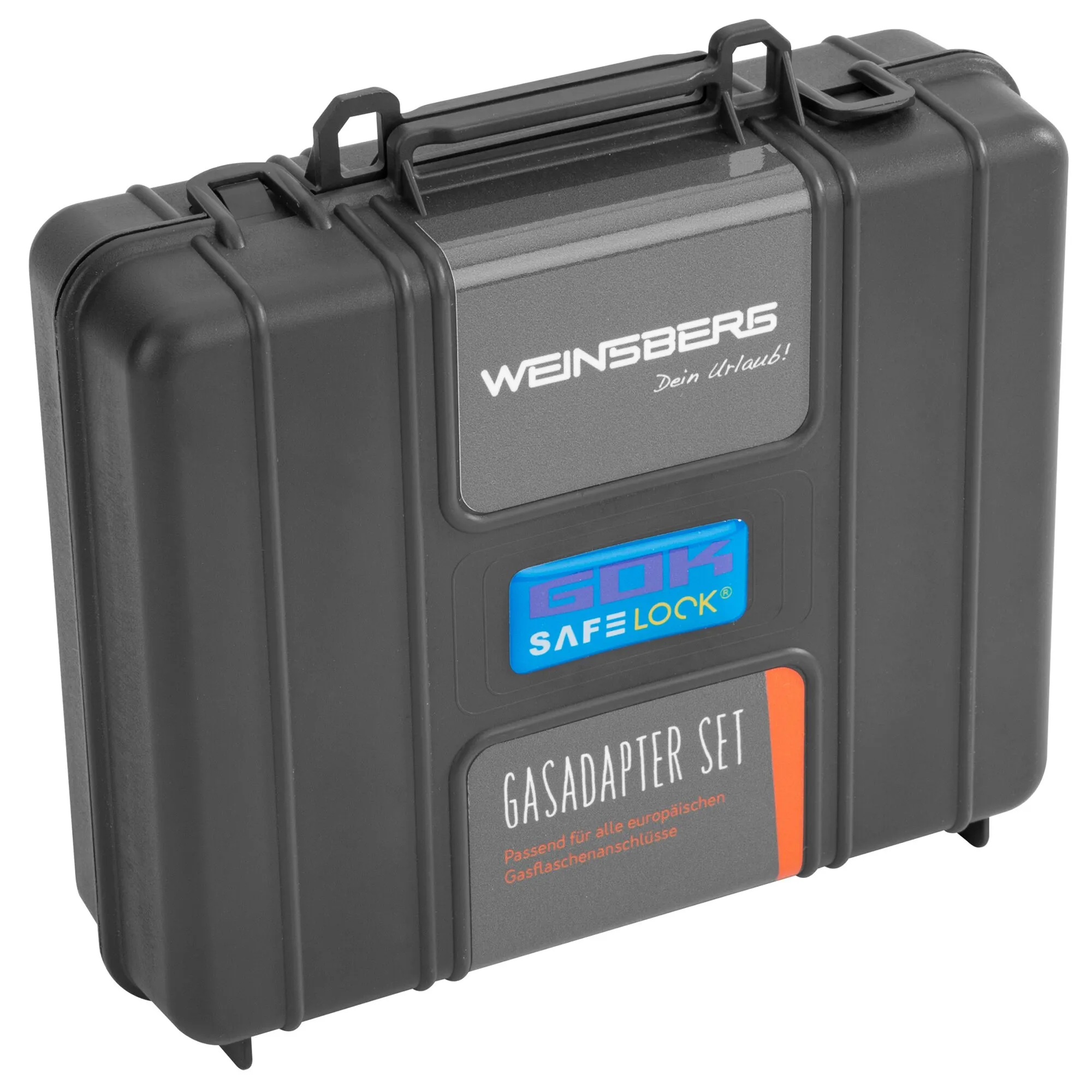 Schwarzer Transportkoffer mit WEINSBERG-Aufdruck und Etikett Gasadapter Set für europäische Gasflaschenanschlüsse