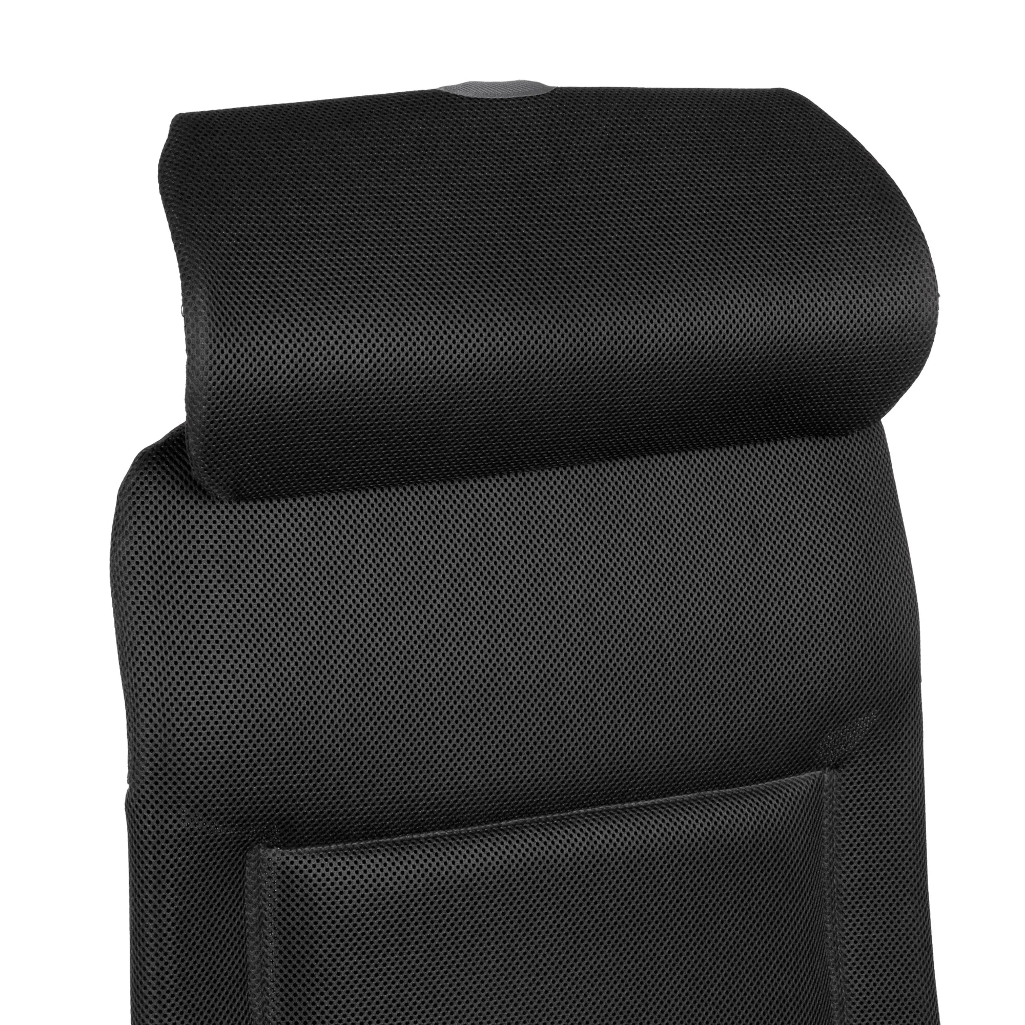 Detailansicht der Rückenlehne des schwarzen Campingstuhls Aravel H2L L mit atmungsaktivem Mesh-Gewebe und rückseitiger Tasche