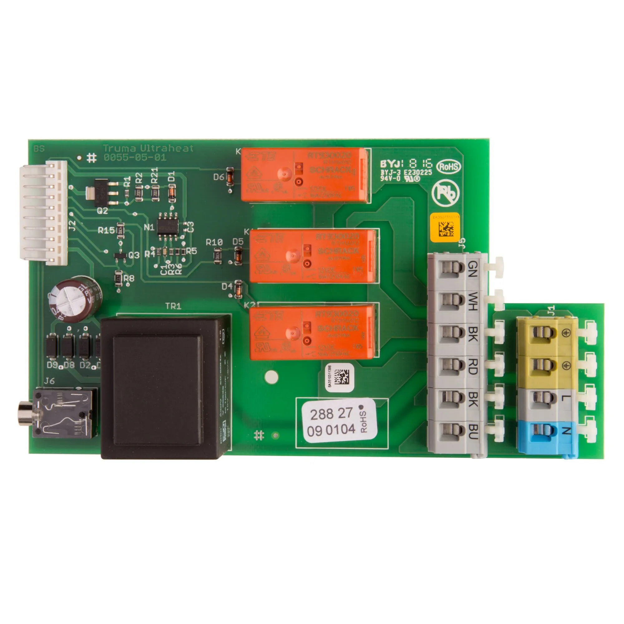 Grüne Leiterplatte Elektronik Ultraheat 230 Volt mit drei orangefarbenen Relais, Anschlüssen und elektronischen Bauteilen