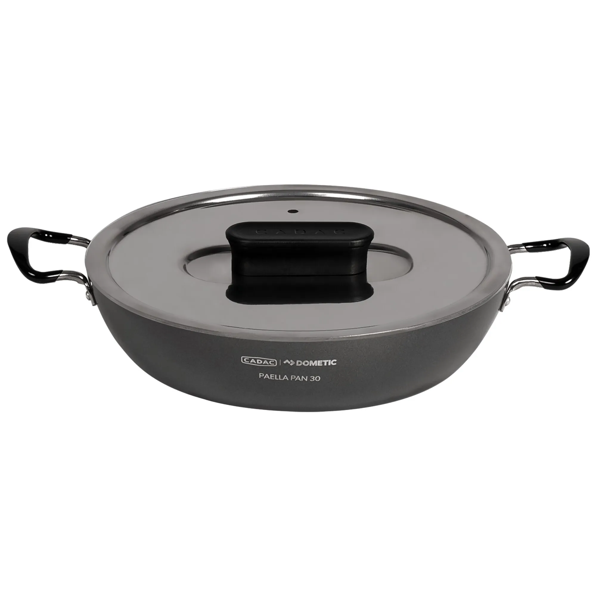 Schwarze, runde Paellapfanne CADAC Dometic Paella Pan 30 mit Glasdeckel, Zentralgriff und zwei seitlichen Griffen