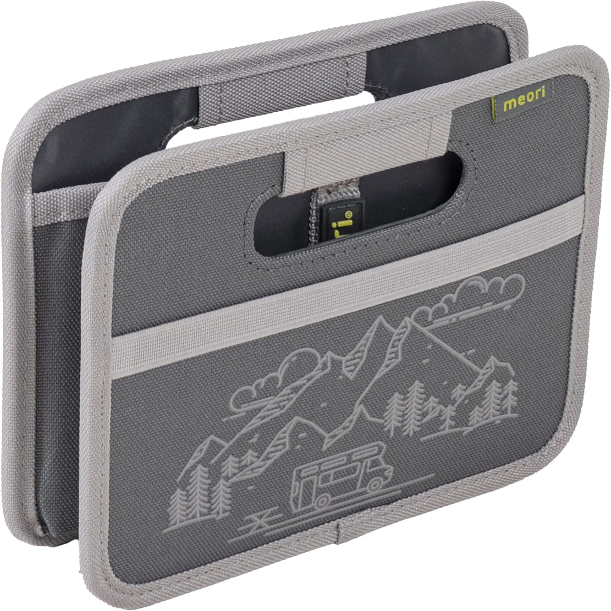 Graue faltbare meori Mini-Box mit Tragegriffen, Innenfach und Wohnmobil-, Berg- und Waldmotiv\Seeder