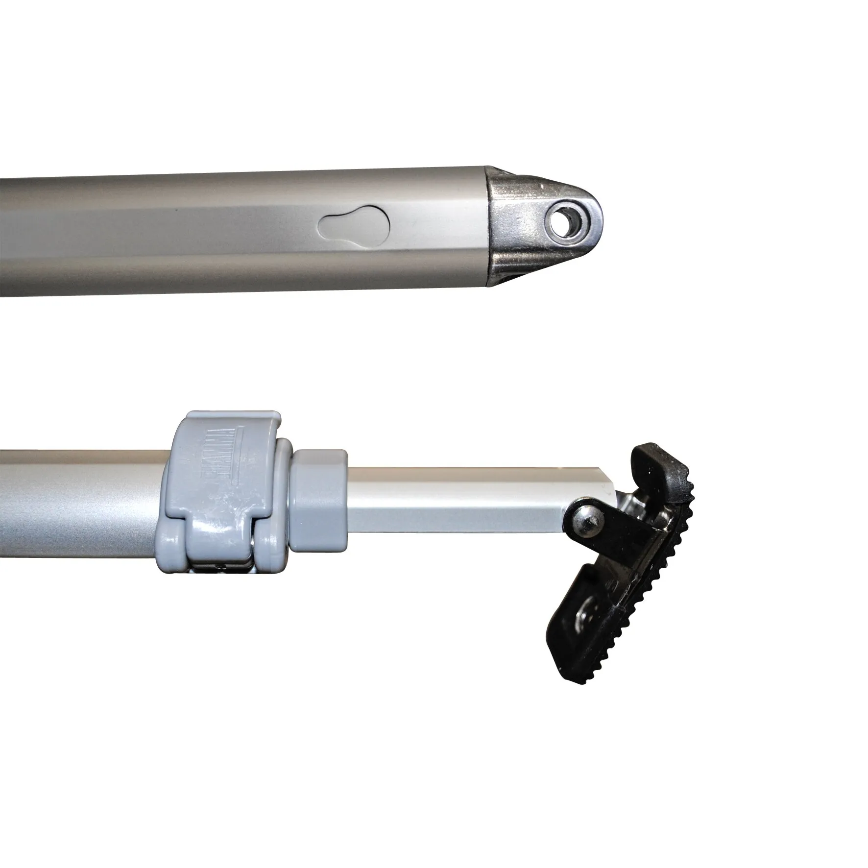 Stützfuß 250 rechts aus silbernem Aluminium mit grauer Klemmhalterung, schwarzer verstellbarer Fußauflage und Befestigungsöse