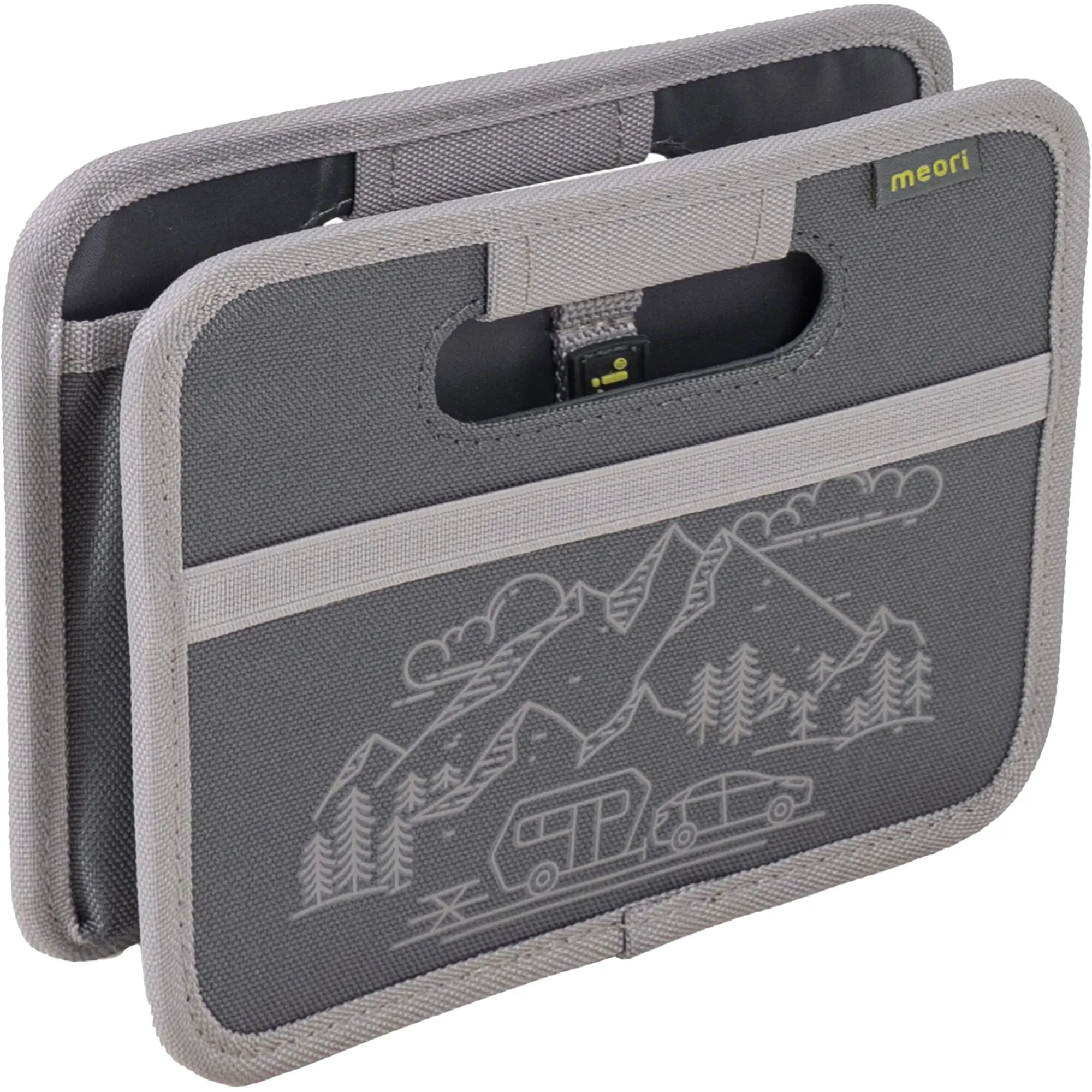 Faltbox meori Mini in Granite Grey mit Tragegriffen, Wohnwagen- und Bergmotiv auf der Vorderseite, zusammengefaltet dargestellt