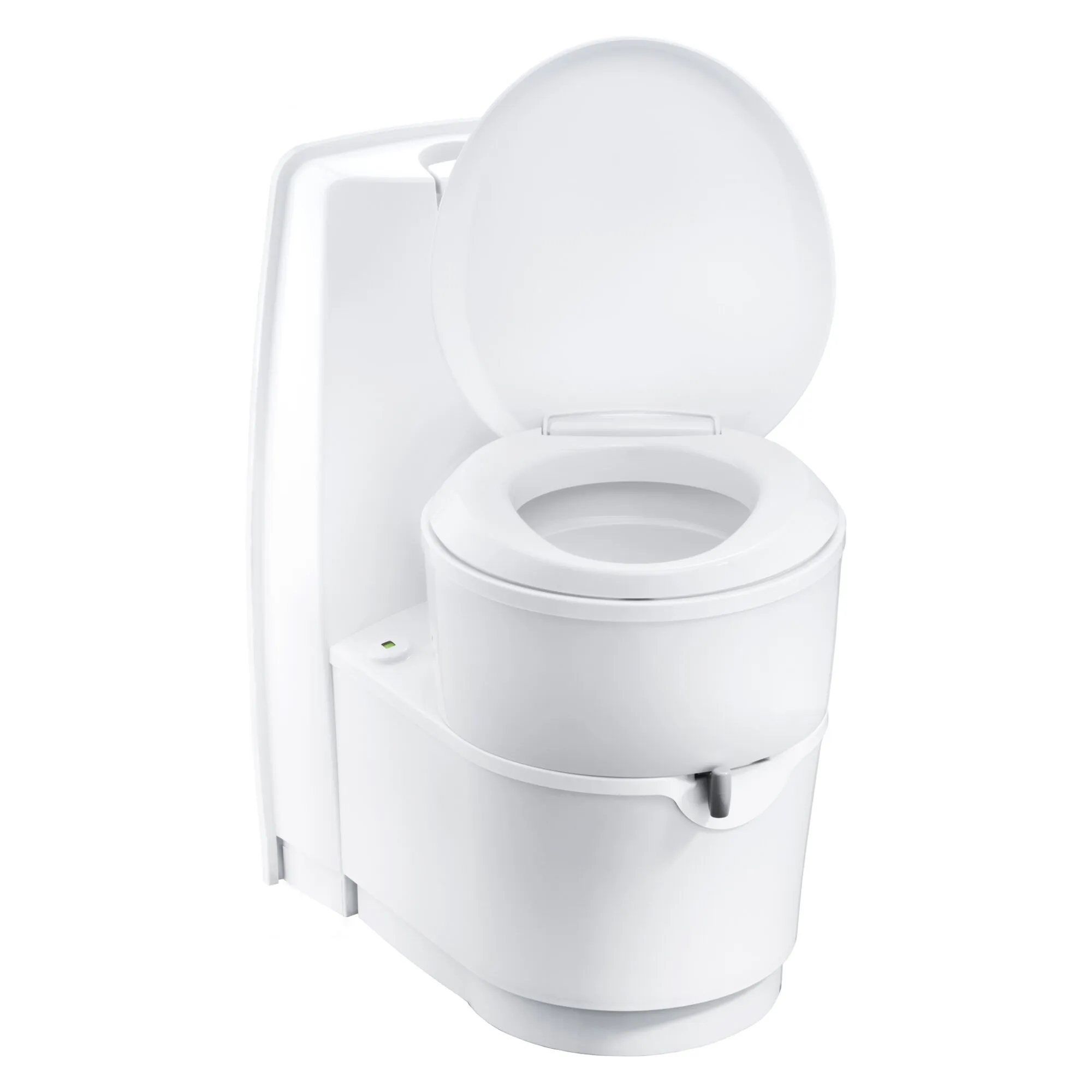 Weiße Cassettentoilette C220 Typ C224-CW in Vorderansicht mit geöffnetem Deckel, Toilettensitz, Spülknopf und Frontverriegelung