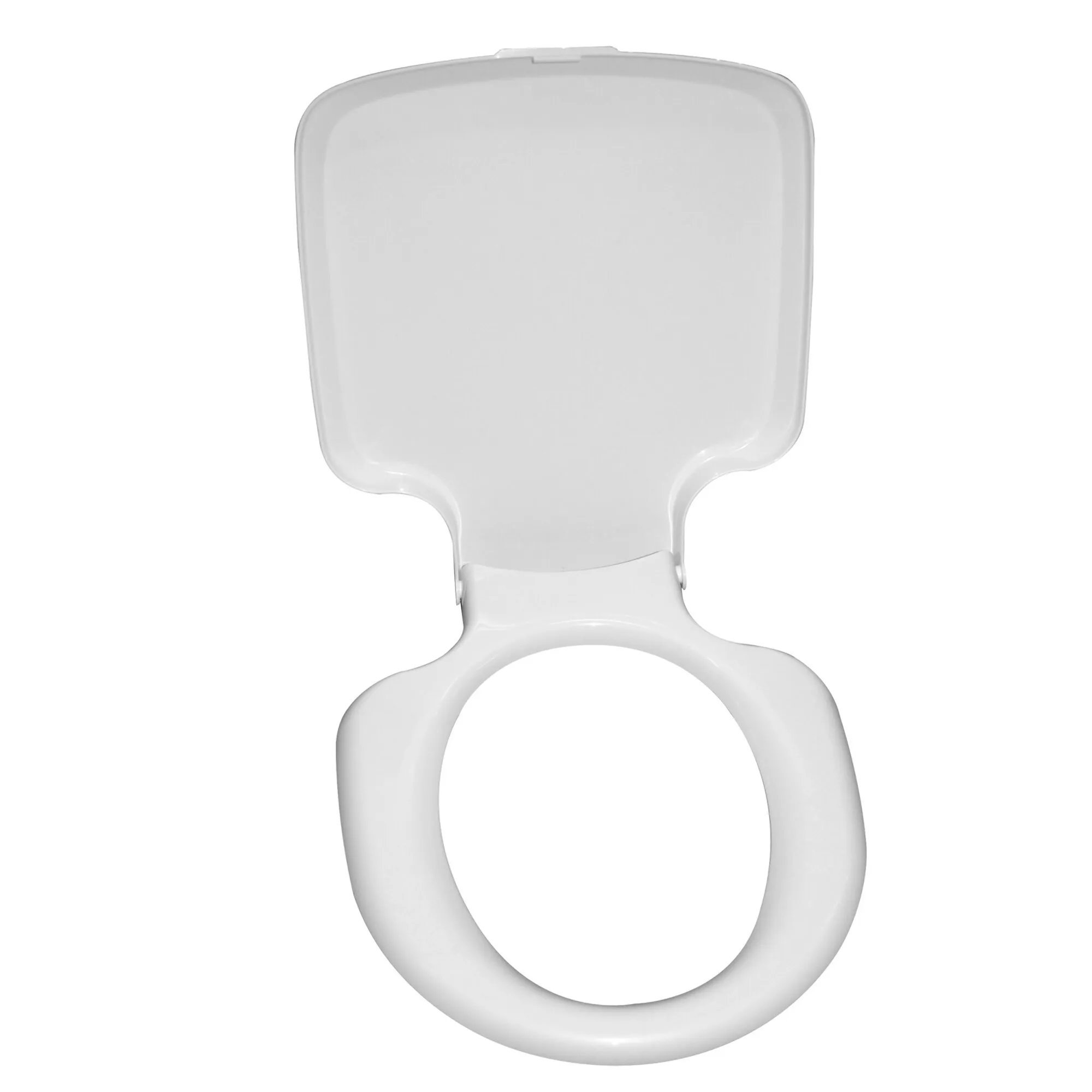Signalweißer Toilettensitz mit geschlossenem Deckel und ovaler Sitzöffnung in Frontalansicht, freigestellt auf weißem Hintergrund
