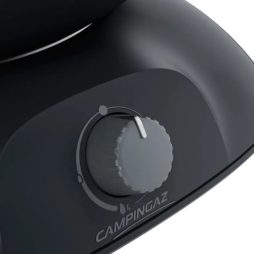 Nahaufnahme des schwarzen Campingaz Tischgrills 360 Grill CV mit grauem Temperaturregler und Campingaz-Logo