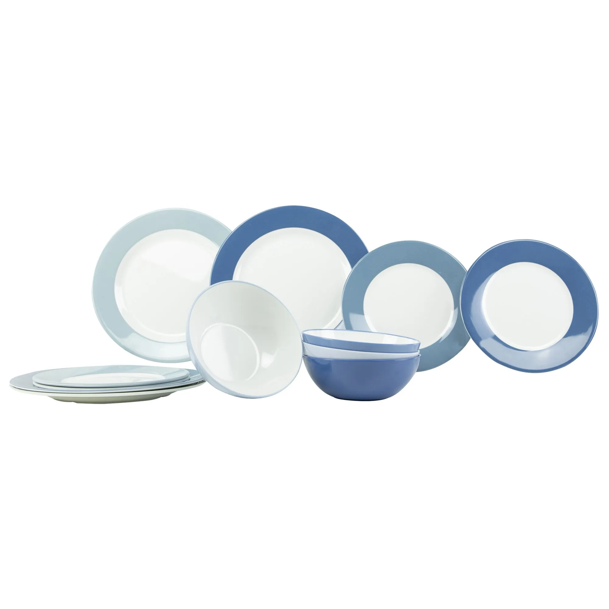 Blau-weißes Geschirrset Colour Line mit mehreren Tellern und Schalen in verschiedenen Blautönen auf weißem Hintergrund