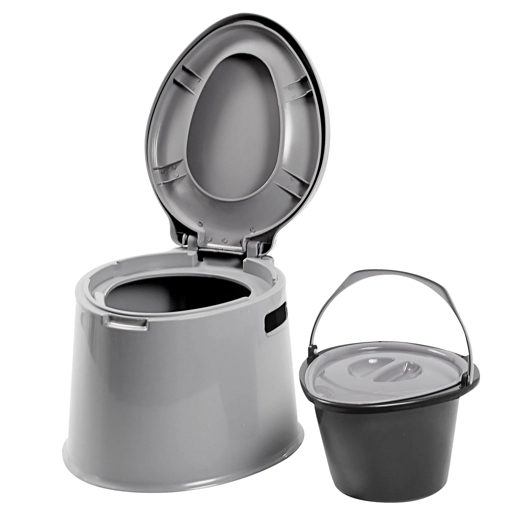Graue Eimertoilette Optitoil, 30 cm, mit geöffnetem Deckel und herausnehmbarem Toiletteneimer mit Tragegriff