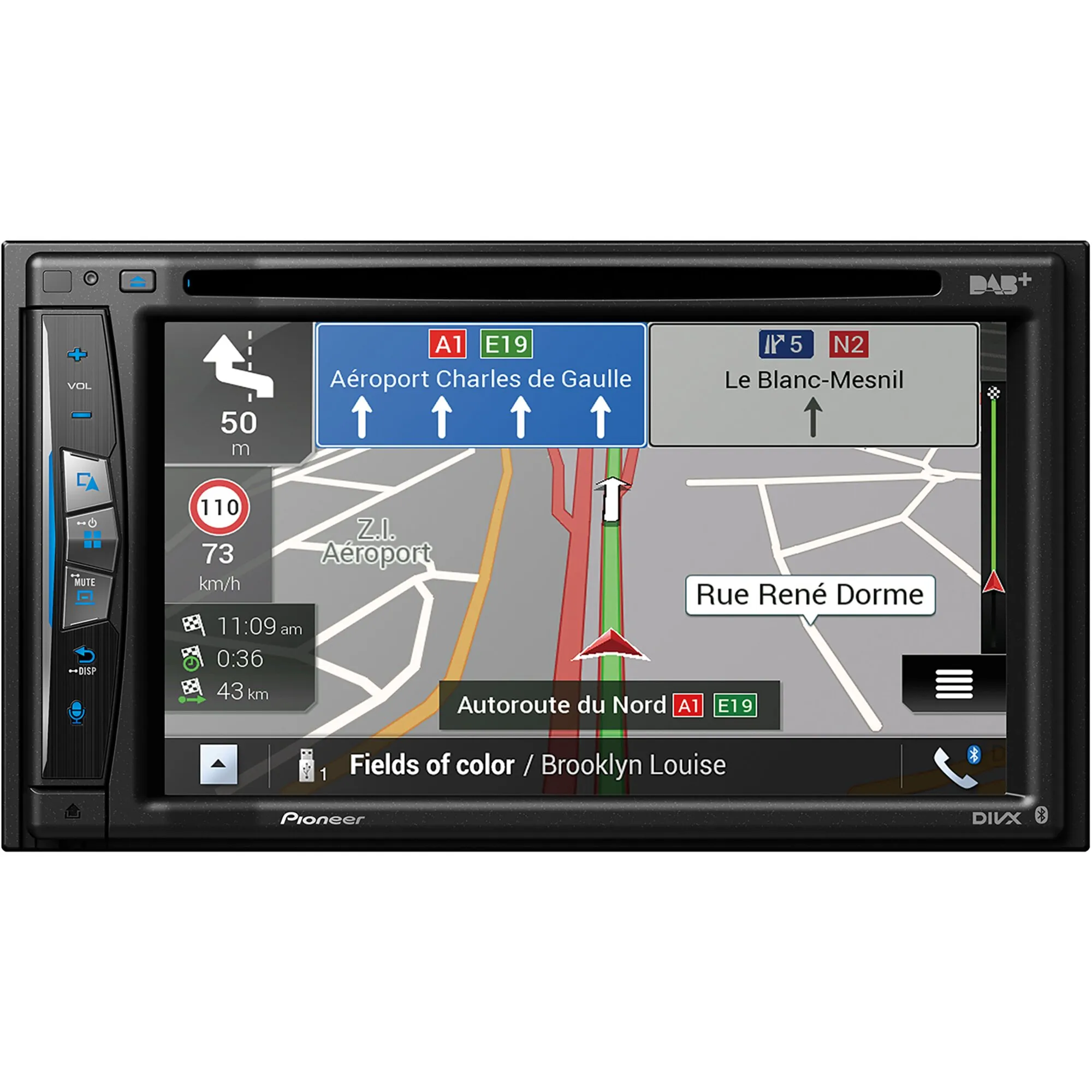 Pioneer AVIC-Z730DAB-C-M3 Navigationssystem mit Touchscreen, Kartenansicht zu Paris, DAB+-Logo und Bedientasten an der Front