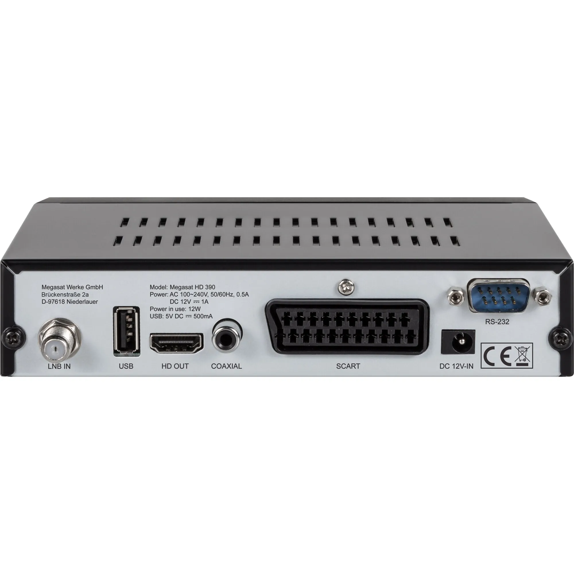 Rückansicht des schwarzen Sat-Receivers Megasat HD 390 mit LNB-, USB-, HD-OUT-, Koaxial-, SCART- und RS-232-Anschlüssen