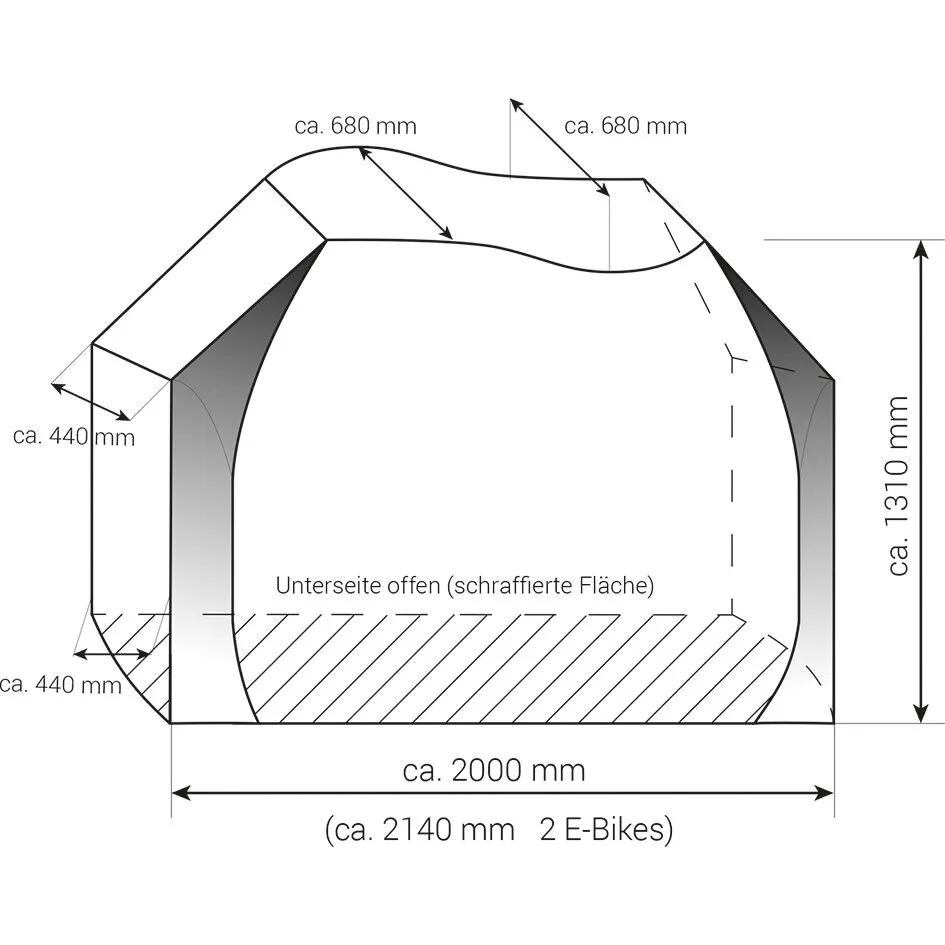 Technische Zeichnung der Fahrradschutzhülle Universal Zwoo für zwei Fahrräder mit offener Unterseite und Maßangaben bis ca. 2000 × 1310 mm