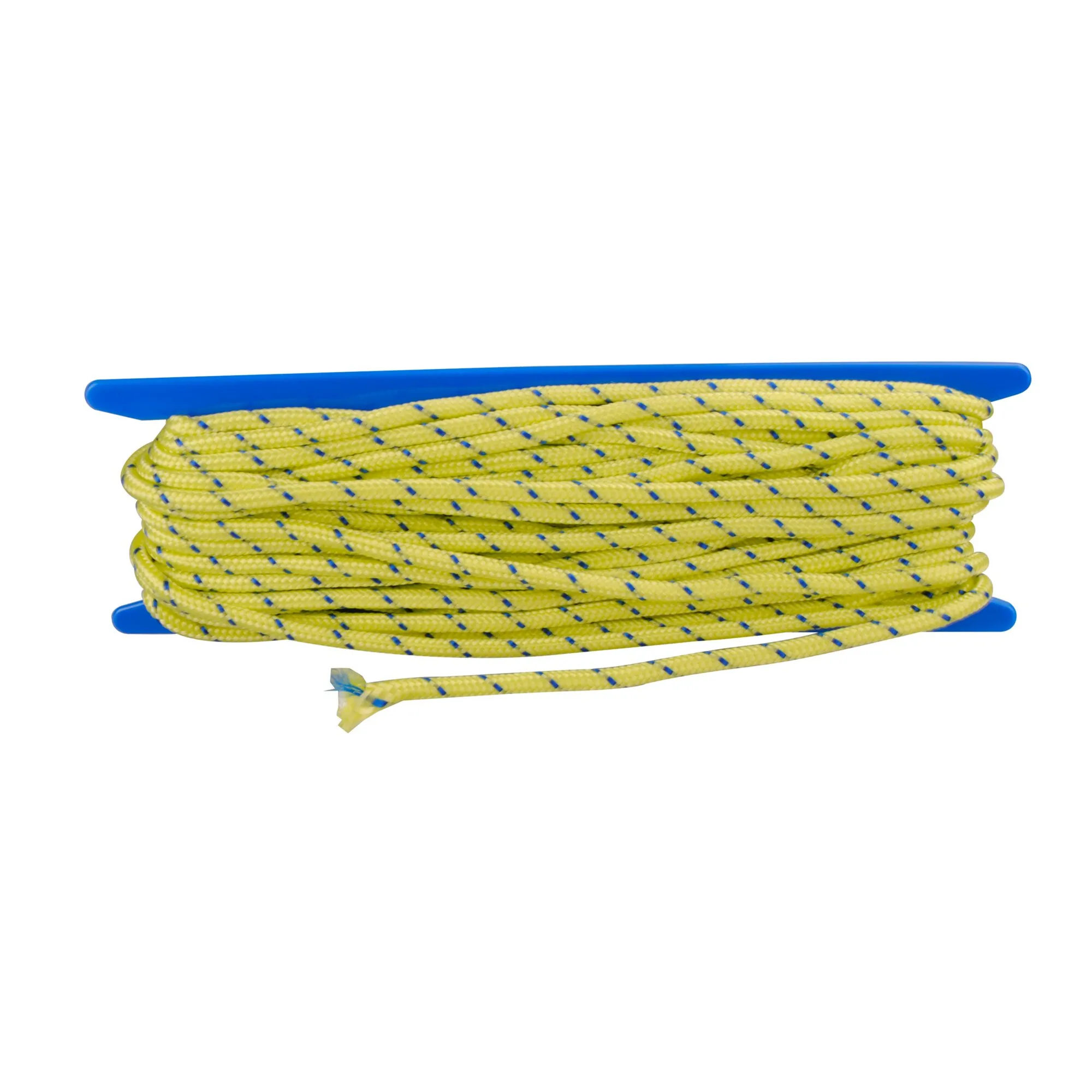 Gelbe 6-mm-Abspannleine mit blauen Markierungen, aufgerollt auf einer blauen Spule, 20 Meter lang