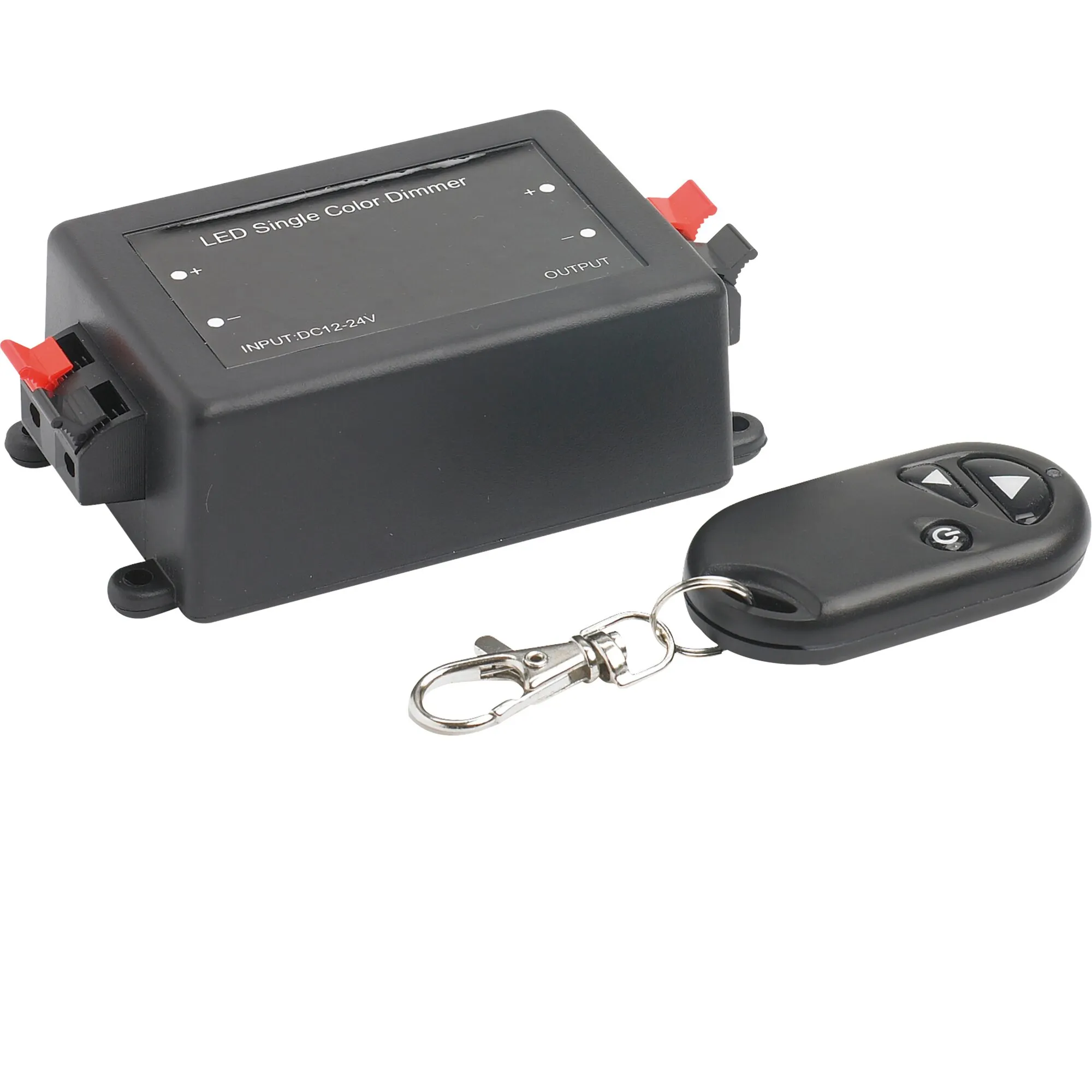 Schwarzer LED-Dimmer mit Funkfernbedienung, Anschlüssen für 12–24 V Gleichspannung und Tasten zur Helligkeitsregelung