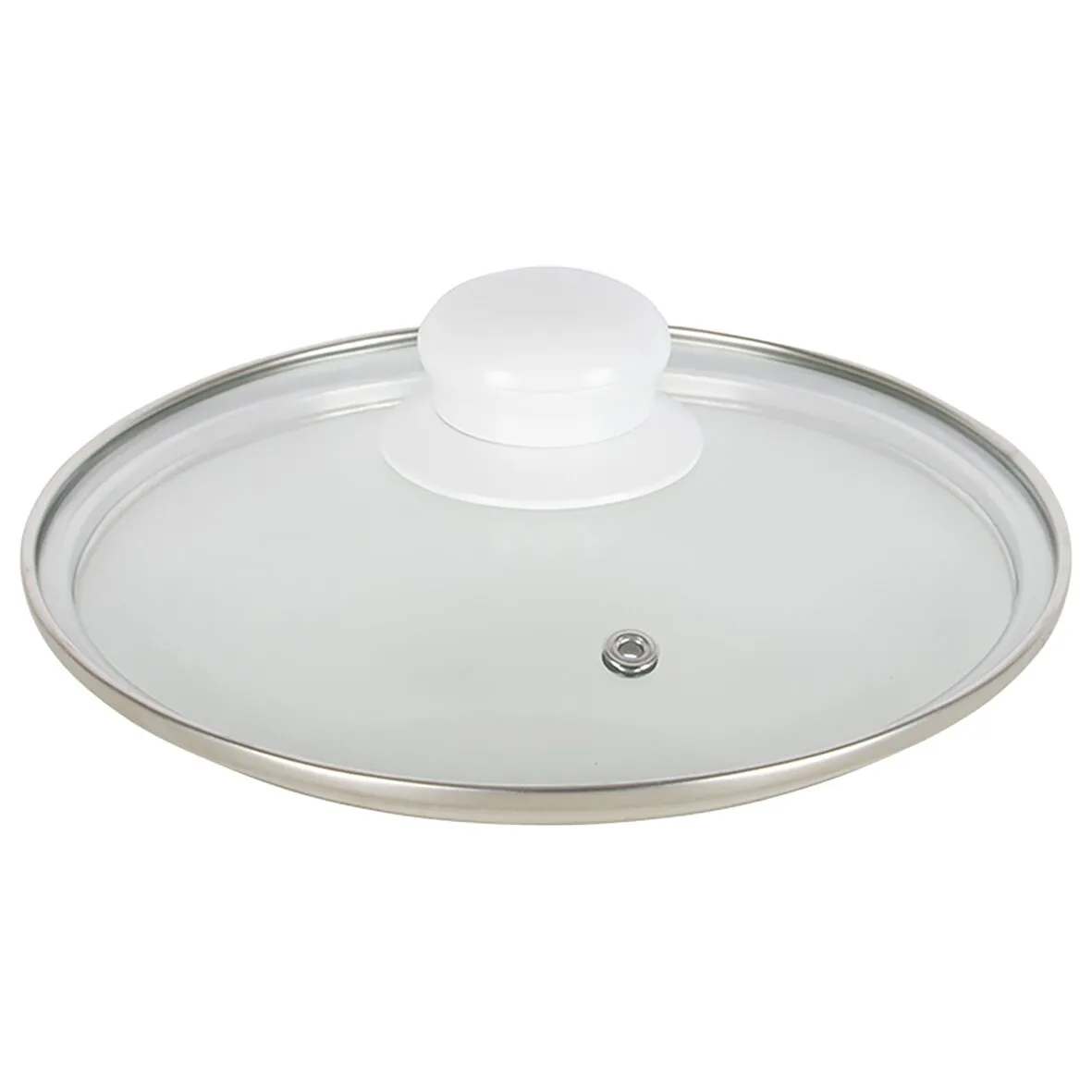 Weißer Glasdeckel eines 7-teiligen Kochtopf-Sets mit silberfarbenem Metallrand, weißem Knauf und Dampfventil