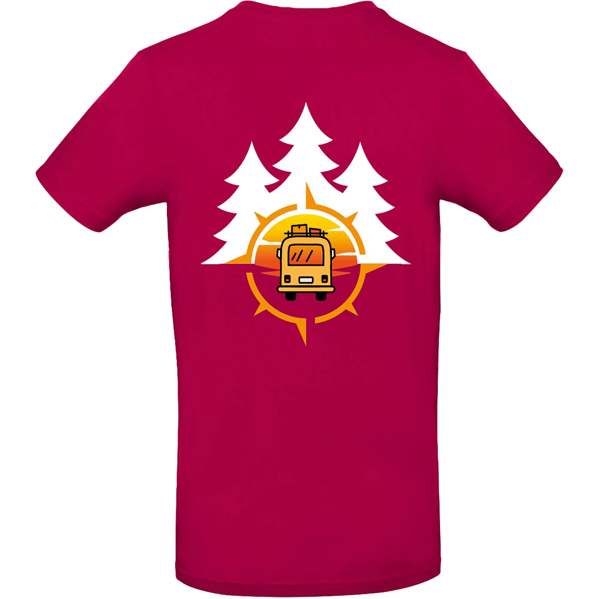 Fuchsiafarbenes T-Shirt Vanlife 2 in Größe L mit Frontmotiv aus Tannen, Sonnenuntergang und gelbem Campervan