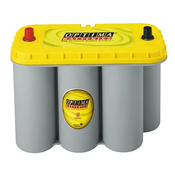 Optima YTS Batterie mit 75 Ah, grauem zylindrischem Gehäuse, gelbem Deckel sowie roten und schwarzen Anschlüssen
