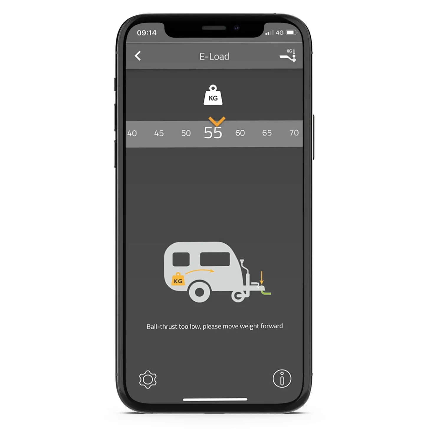 Smartphone zeigt die E-Load-App mit 55 kg Stützlast und dem Hinweis, Gewicht im Wohnwagen nach vorn zu verlagern