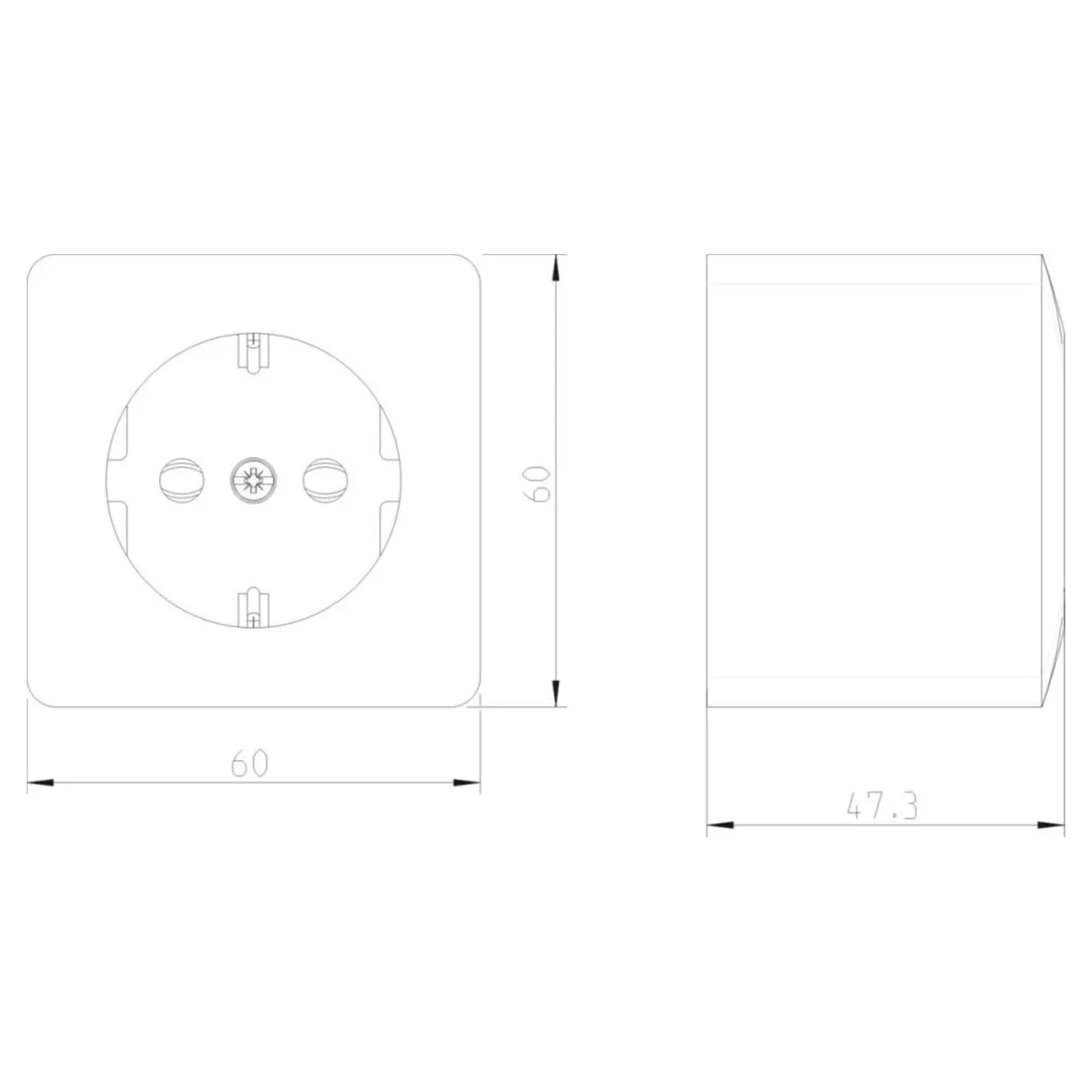 Technische Zeichnung einer 1-fachen Schuko-Aufputzsteckdose mit Vorder- und Seitenansicht, Maße 60 × 60 × 47,3 mm