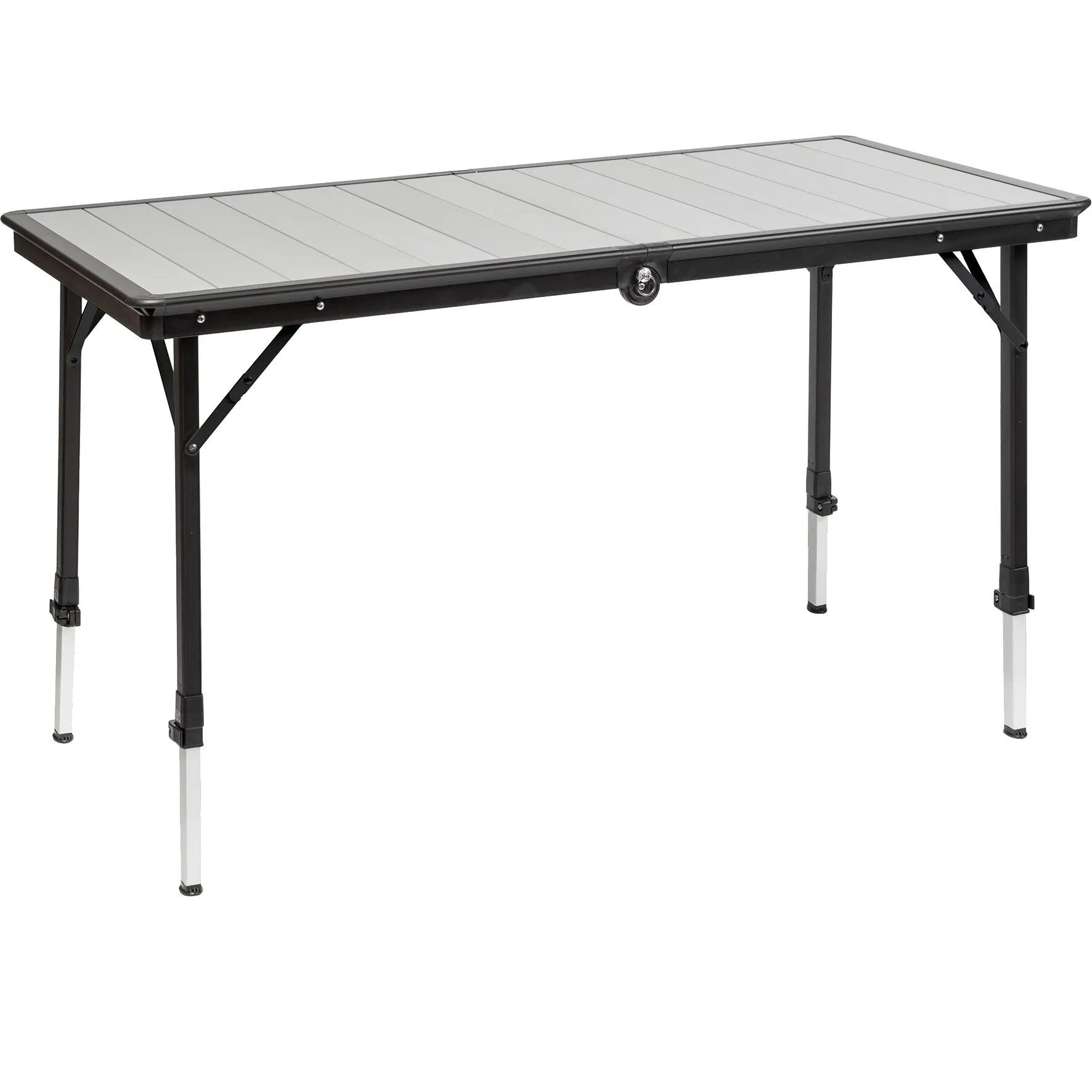 Klapptisch Dinemic mit 126 cm breiter, hellgrauer Lamellenplatte, schwarzem Rahmen und höhenverstellbaren Beinen