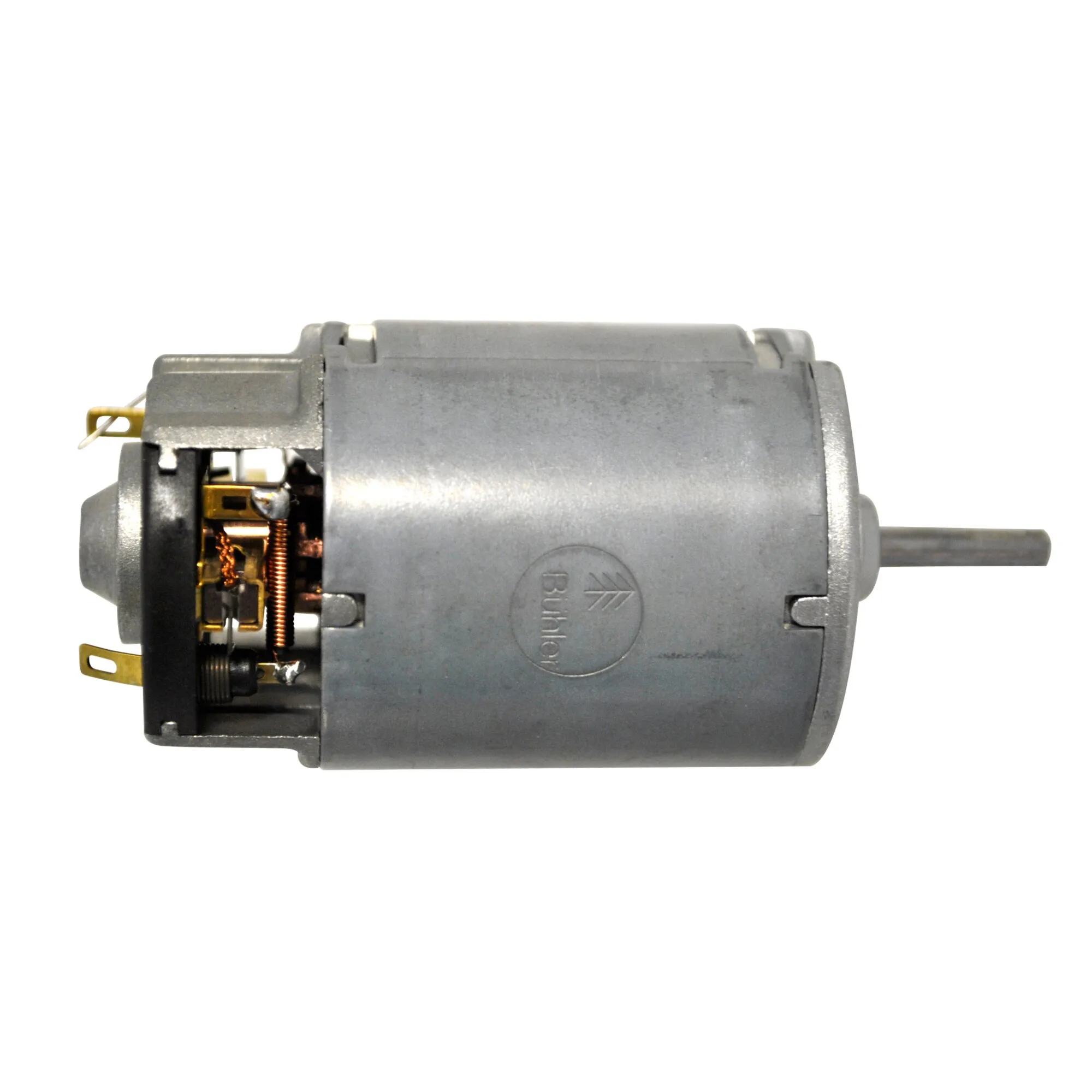Gleichstrommotor in seitlicher Ansicht mit grauem Metallgehäuse, sichtbaren Bürstenkontakten und herausragender Antriebswelle