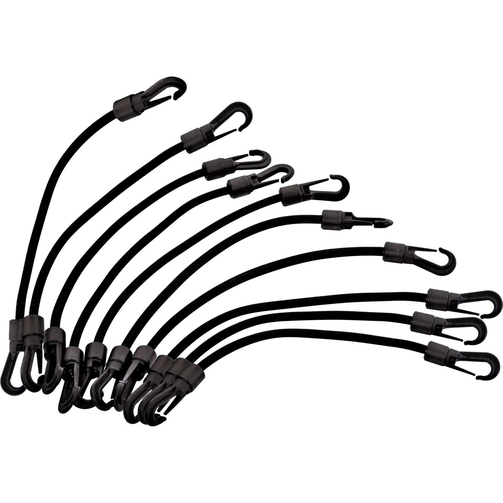 Mehrere schwarze Gummispanner mit Haken an beiden Enden, 80 cm lang, auf weißem Hintergrund drapiert