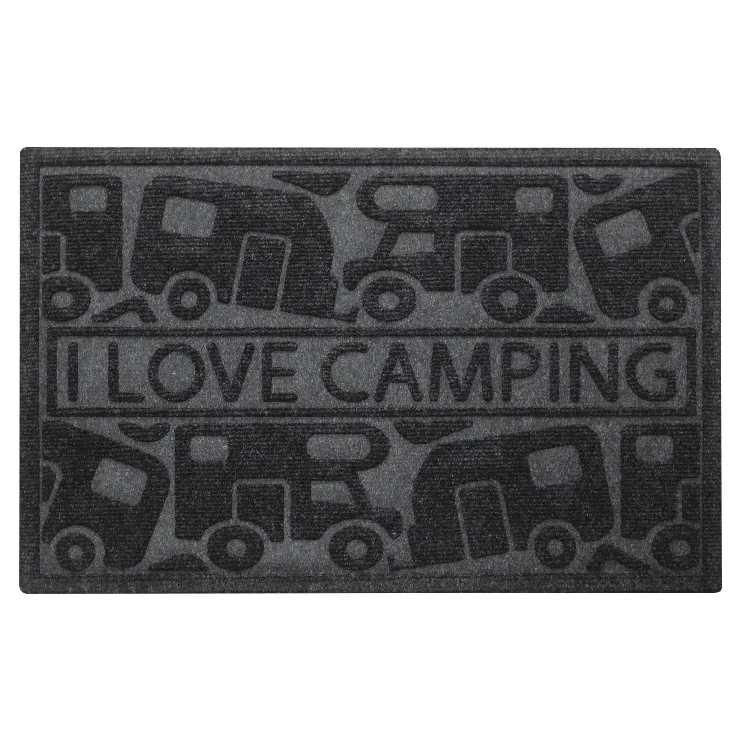 Graue Fußmatte Kera Camp mit schwarzem Wohnmobil- und Campingbus-Muster sowie Schriftzug I LOVE CAMPING