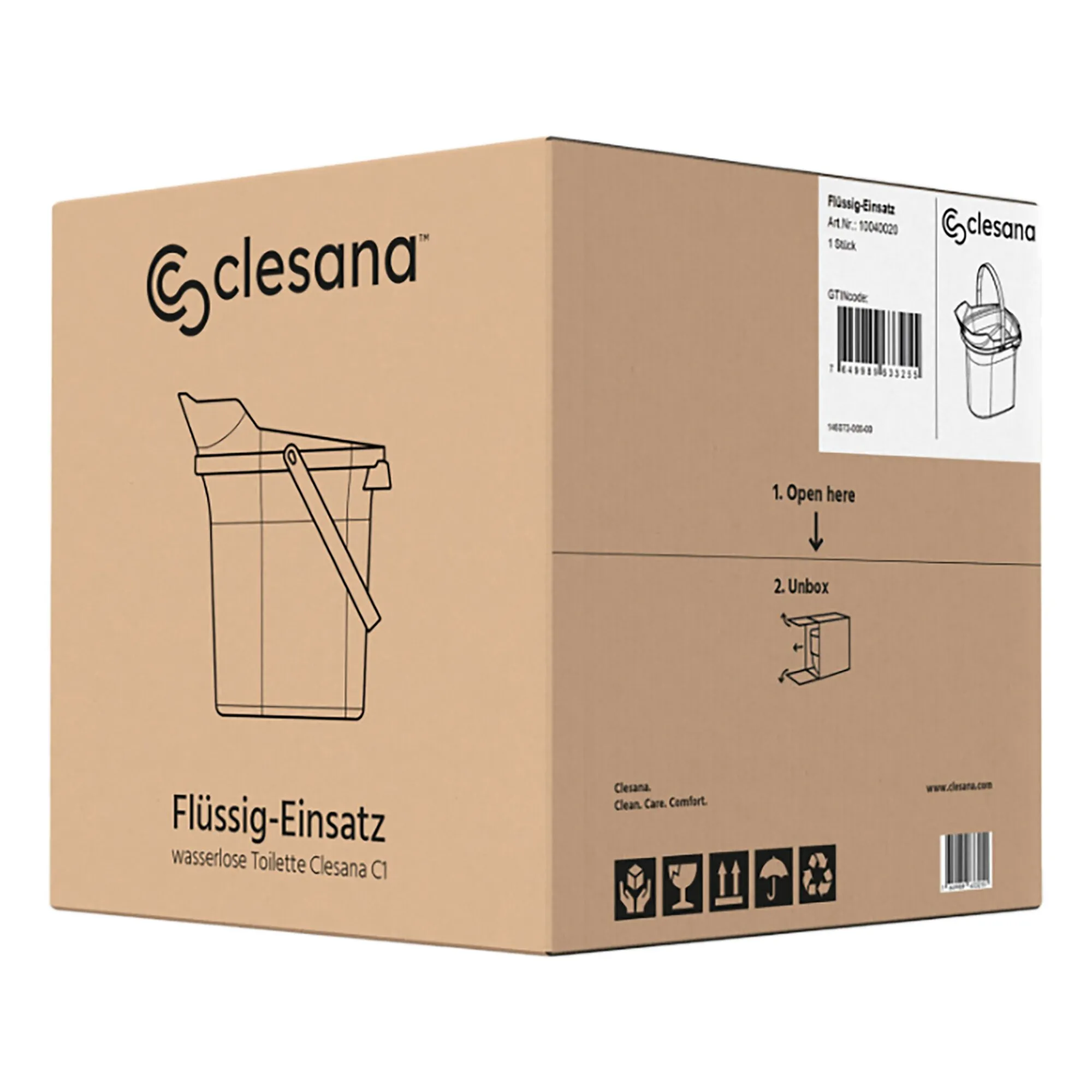 Brauner Clesana-Karton mit Aufdruck Flüssig-Einsatz für die wasserlose Toilette C1 und Zeichnung des Toiletteneinsatzes