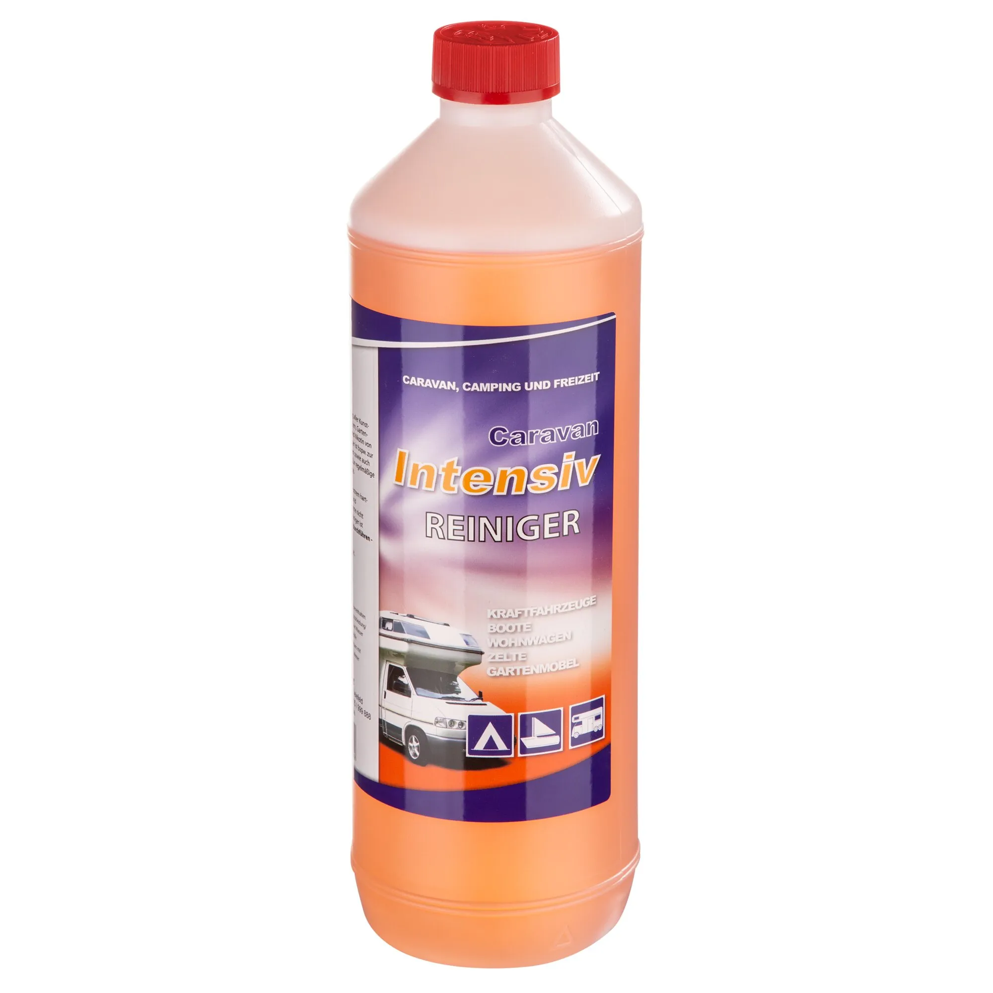 Orangefarbene 1-Liter-Flasche Caravan Intensivreiniger mit rotem Schraubverschluss und Etikett für Caravan, Camping und Freizeit