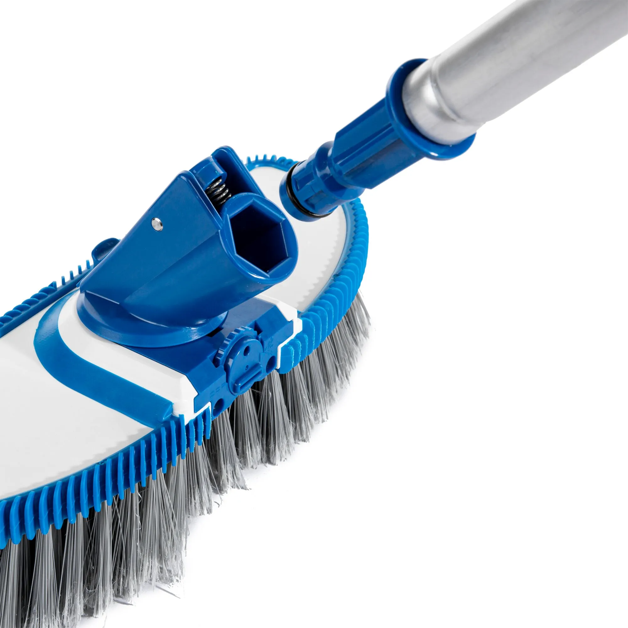 Blaue Waschbürste Soft mit weißem Stiel, grauen Borsten und seitlichen Reinigungsborsten in Detailansicht