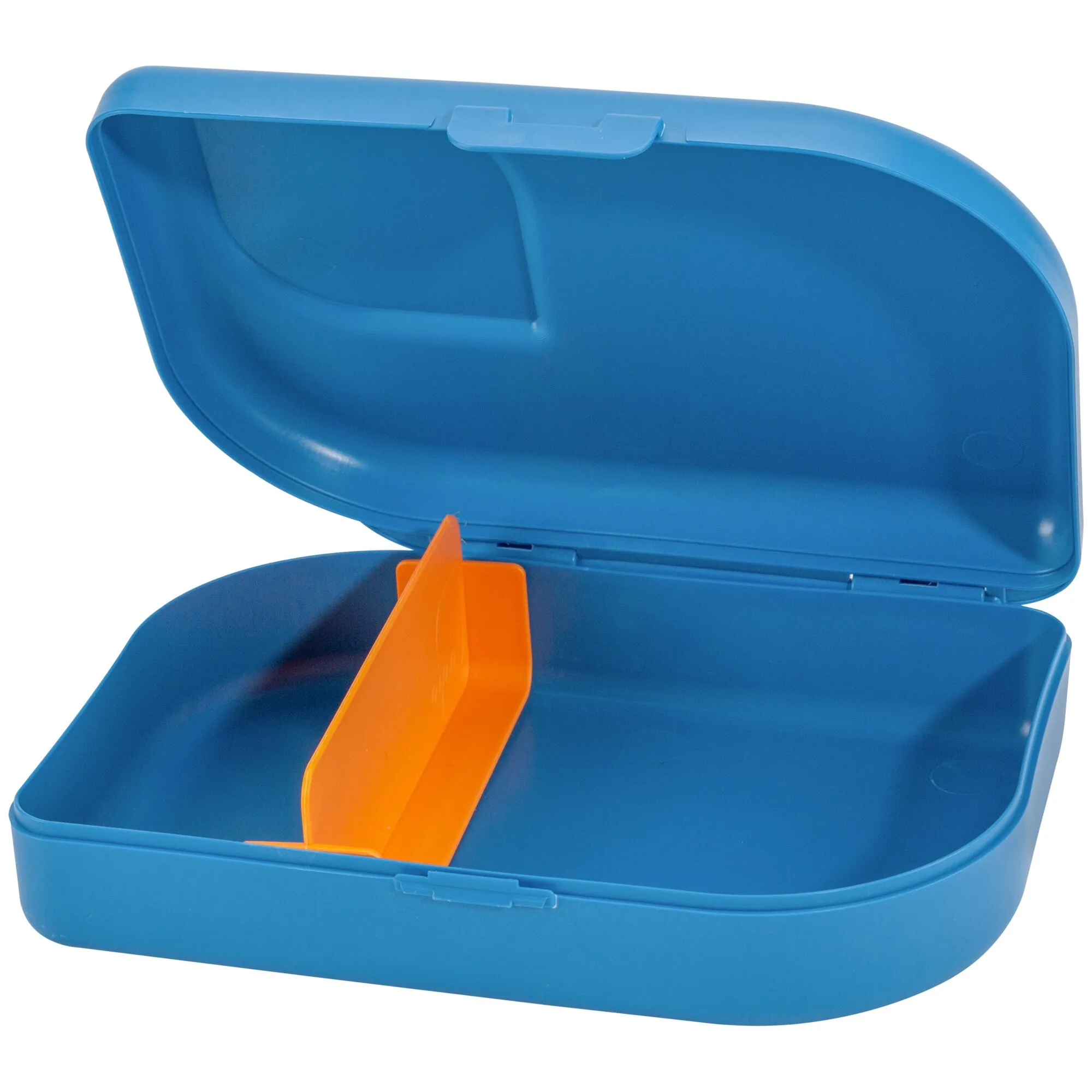 Blaue Brotbox mit geöffnetem Deckel, geräumigem Innenfach und orangefarbener Trennwand