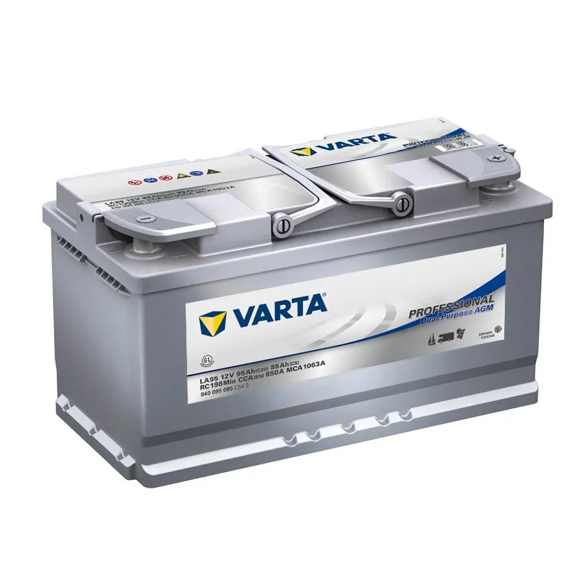 Varta Professional Dual Purpose AGM-Batterie mit 95 Ah, graues Gehäuse und zwei sichtbaren Anschlüssen