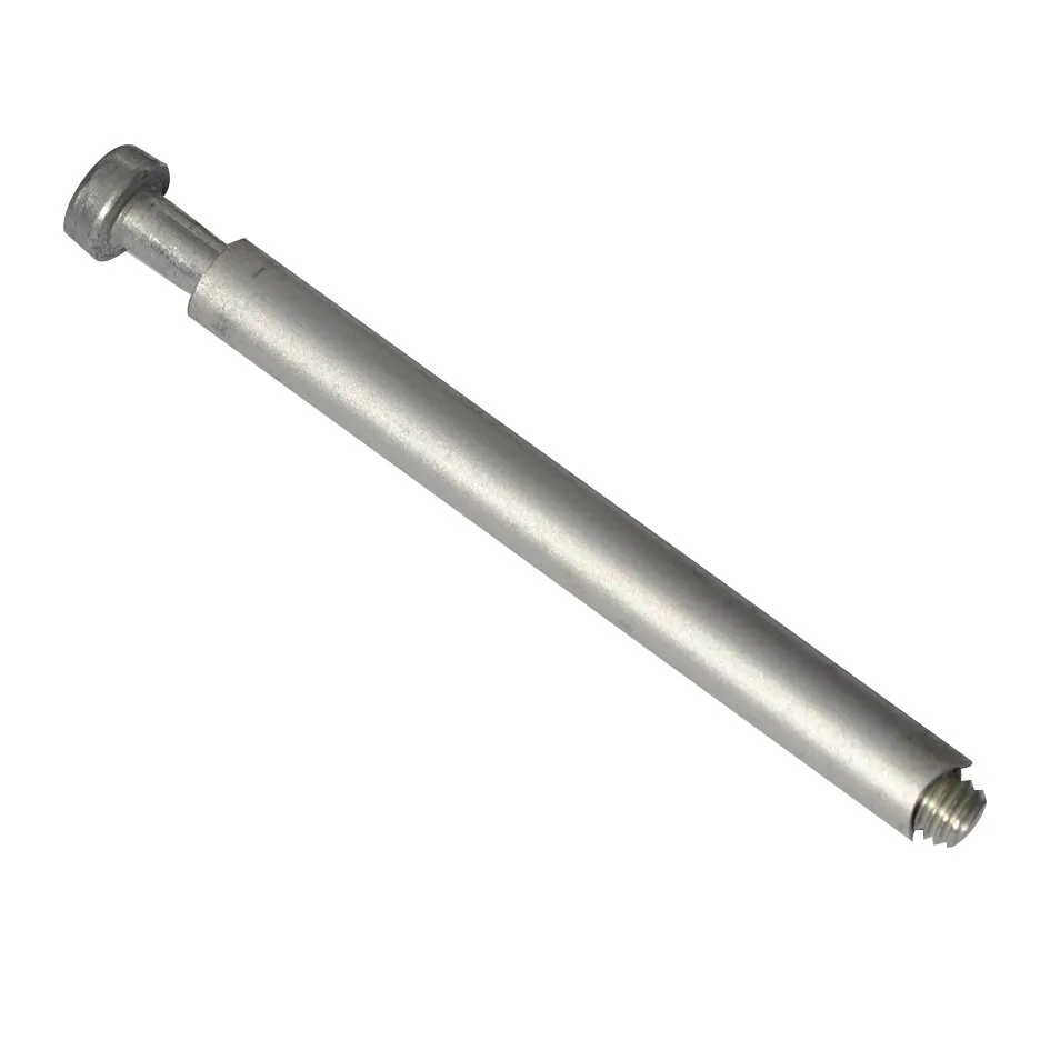 Silberfarbenes Distanzröhrchen aus Metall, 110 mm lang, mit Schraubgewinde an einem Ende und Bund am anderen Ende