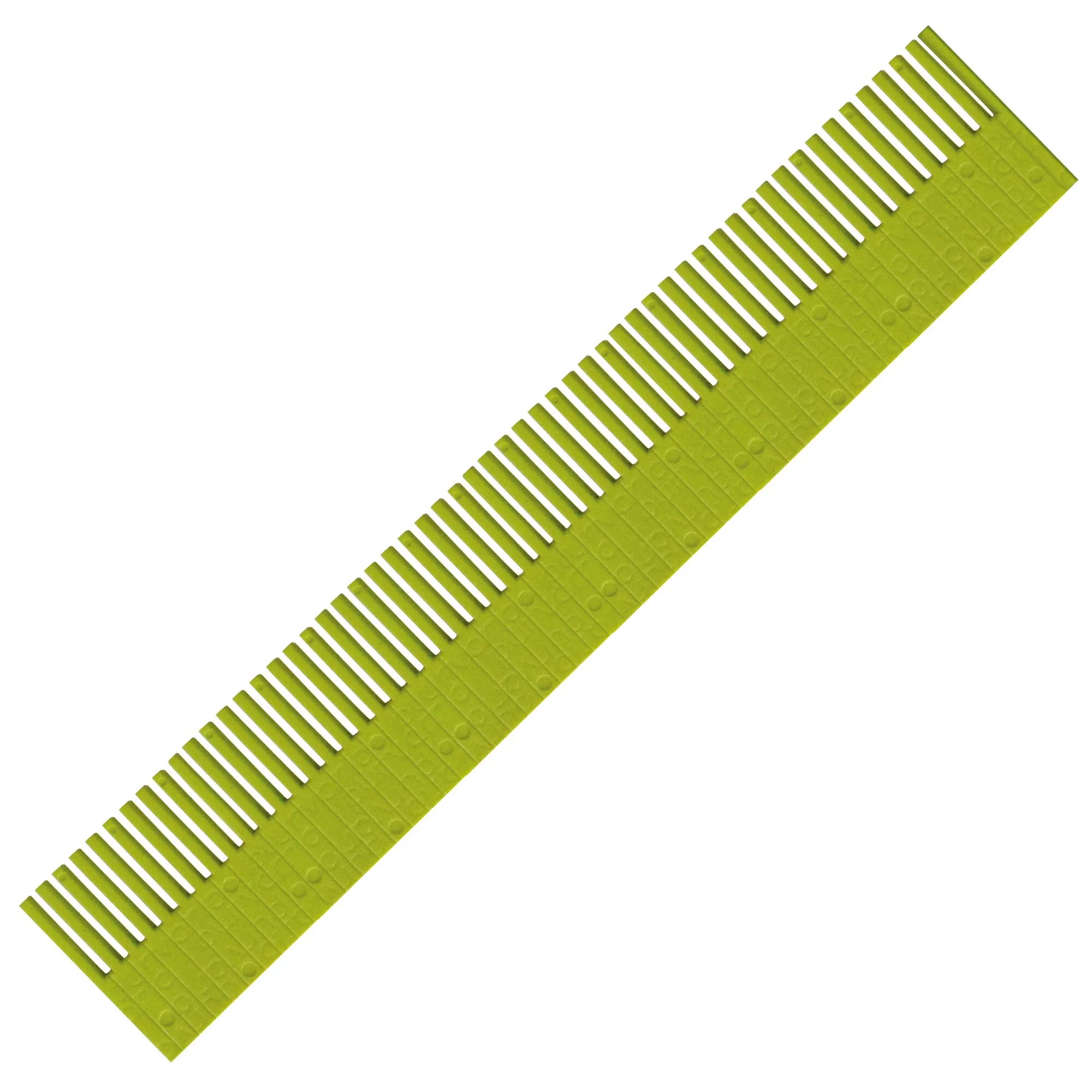 Limefarbene Stauleiste für Schubladen mit zahlreichen länglichen Aussparungen und gerasterter Oberfläche, diagonal dargestellt